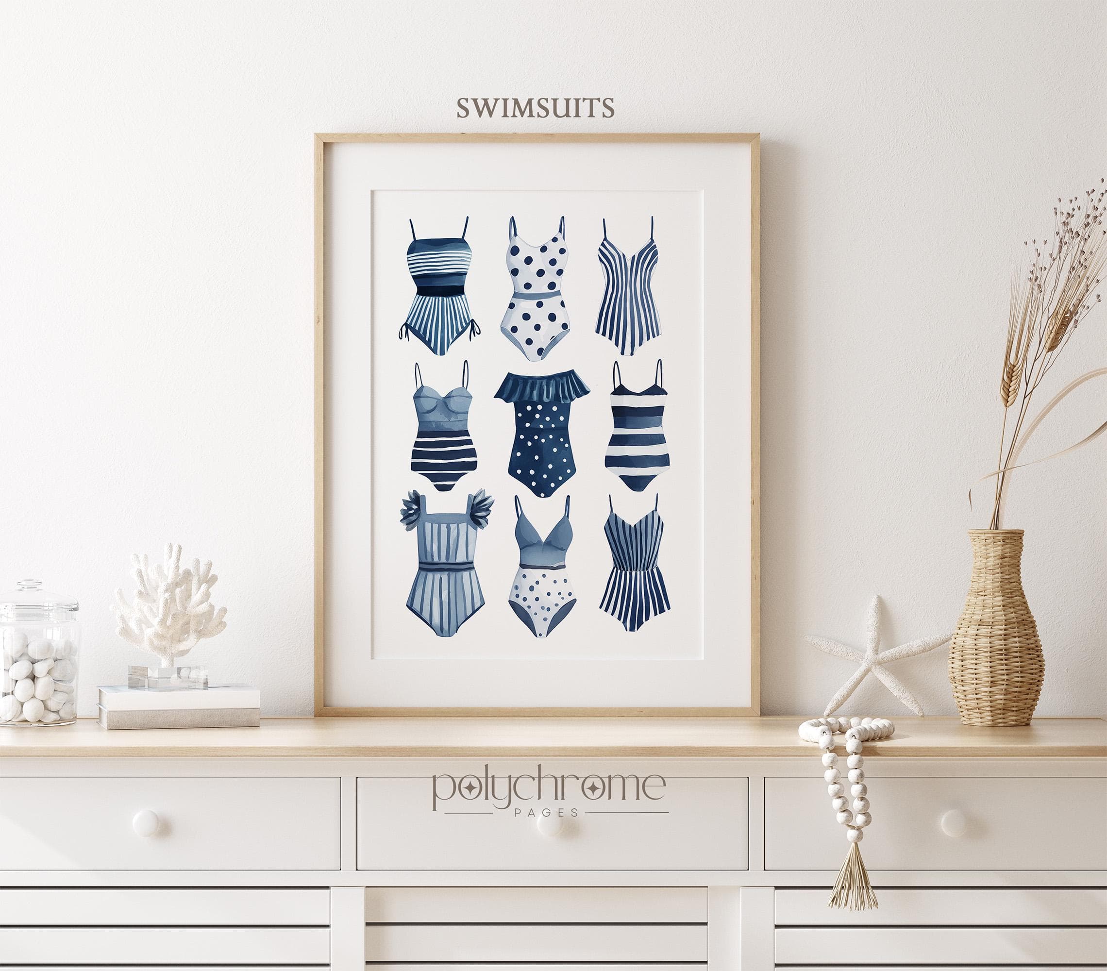 Swimwear Lineup in Navy Blue, A Variety of Swimsuits and Trunks for Laundry Room, Lake House Pool Bathroom Art | Paper Print 5x7 - 24x36 in - image 5