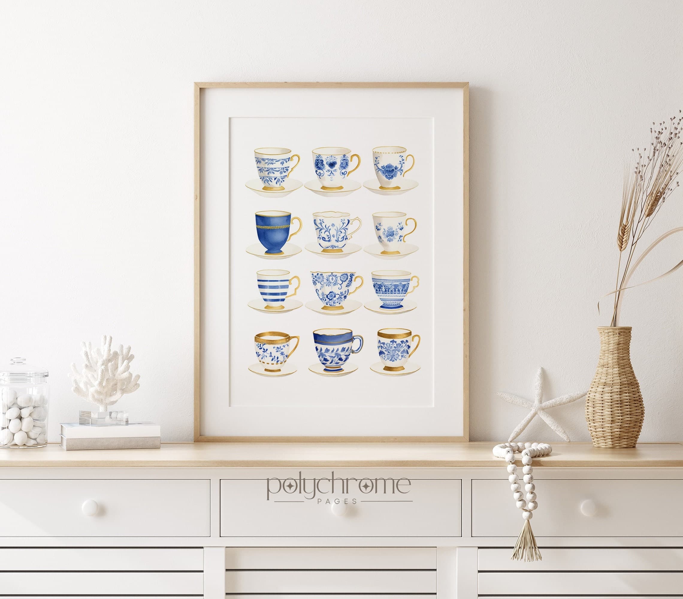 Japanese Tea Cups Grandmillenial Cottagecore Hamptons Style Blue White China 12 Pieces Chinoiserie Art | Paper print size 5x7 - 24x36 in