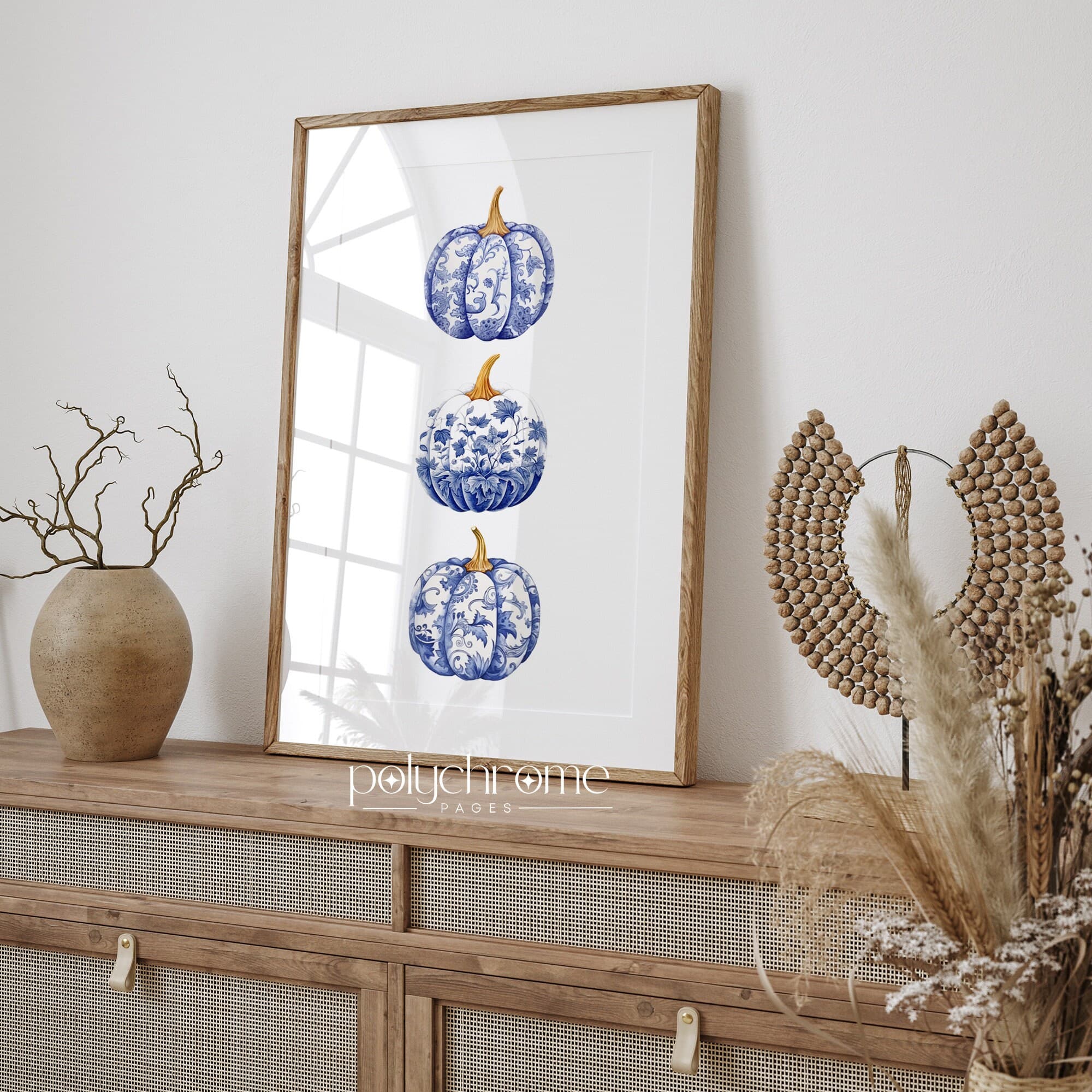 Chinoiserie Pumpkin Art, Hamptons Style Autumn Aestetic Fall Paintings, Blue and White China Wall Art | Paper Print Sizes 5x7 - 24x36 in - image 5