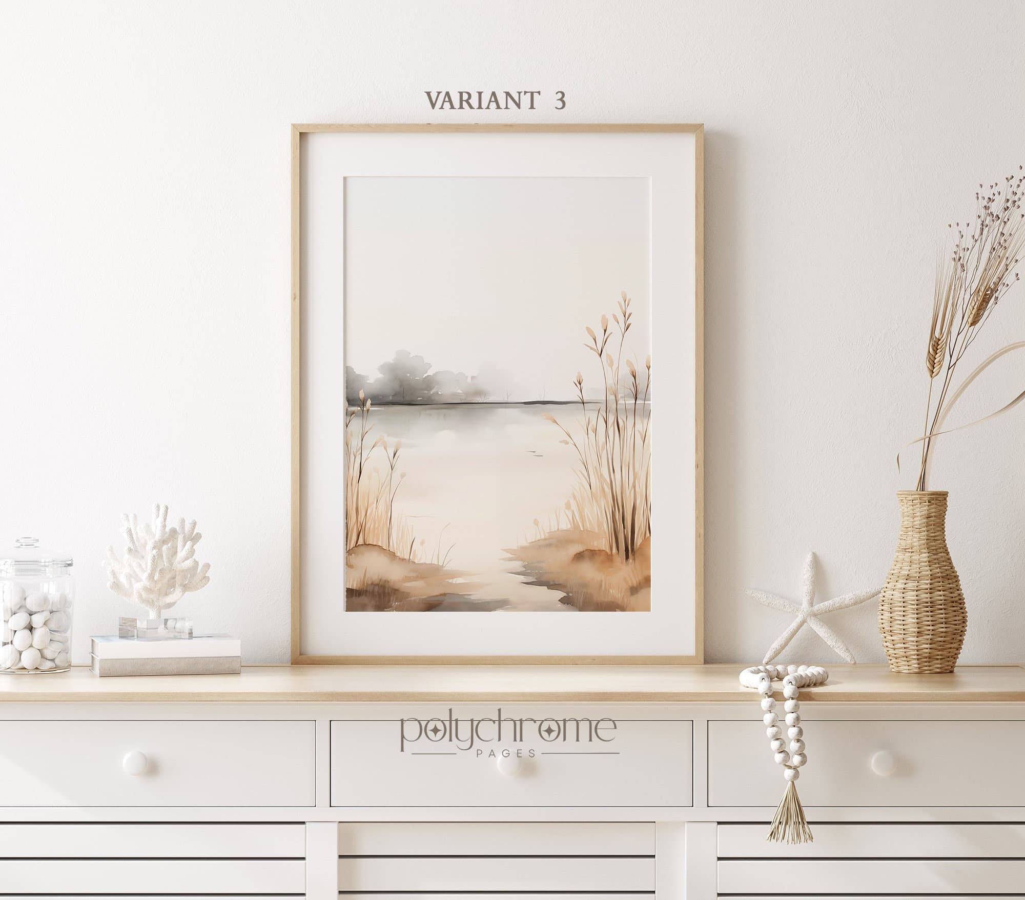 Lake Landscape Paintings in Gray and Beige, Vintage Rustic Pier Greige Lakeside Art | Paper Prints sizes 5x7 - 24x36 in - image 5