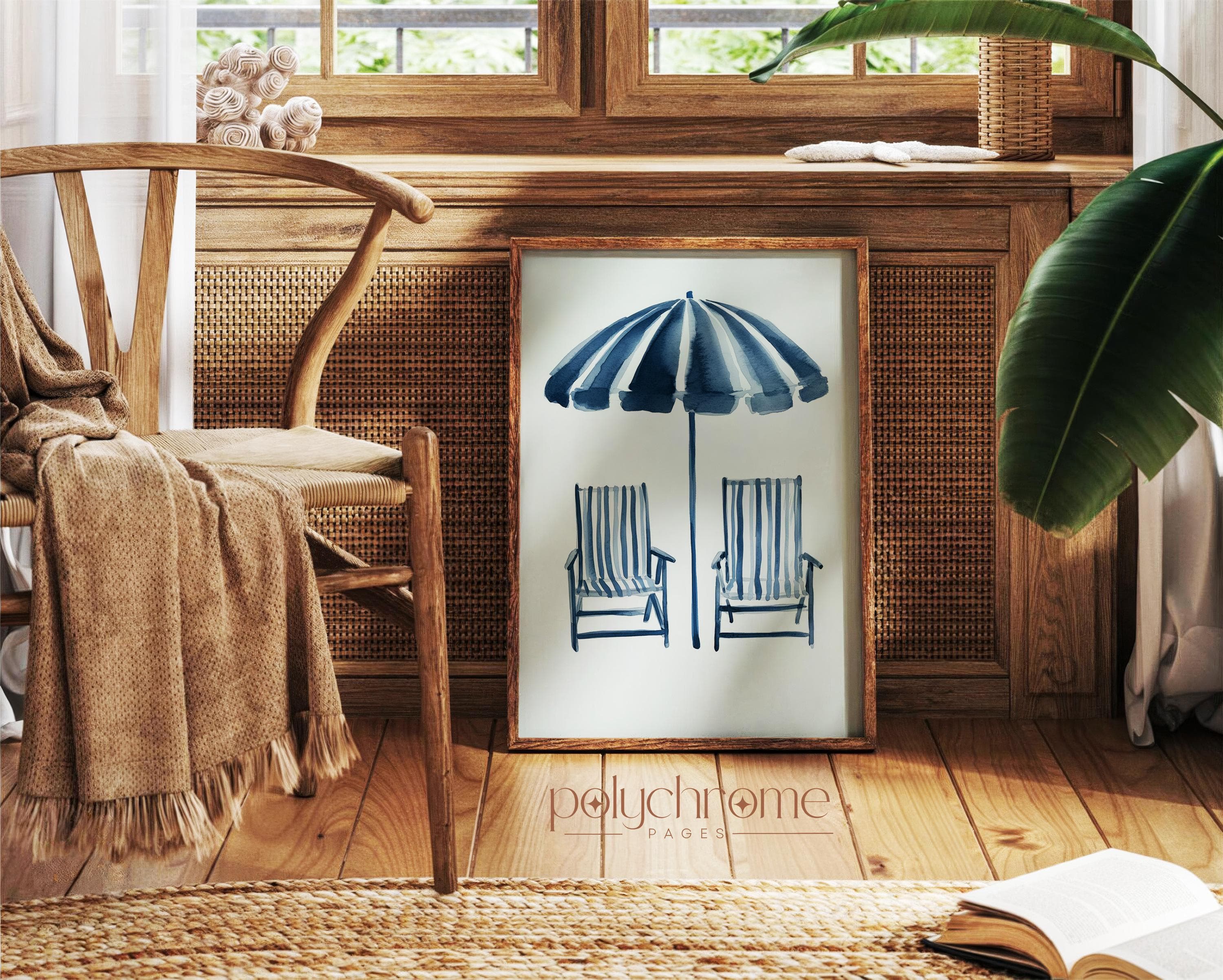 Striped Beach Umbrella and Deckchairs in Navy Blue, Vacation Style Bedroom Decor, Coastal Summer Dorm Room Art | Prints 5x7 - 24x36 in - image 4