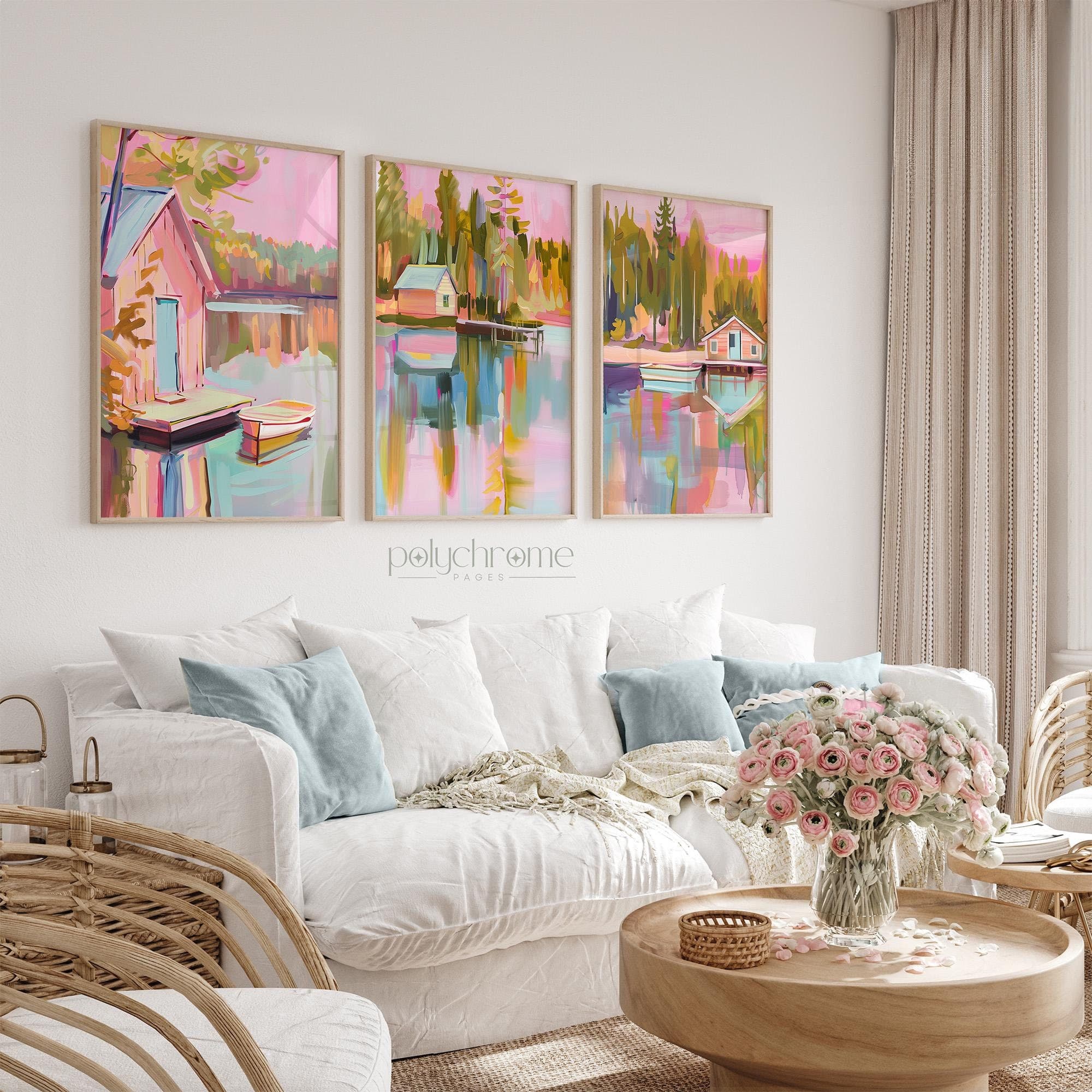 Home on the Lake with Pier and Boat, Vintage Lake House Landscape in Pastel Pink and Blue Oil Painting | Paper prints 5x7 - 24x36 in - image 3