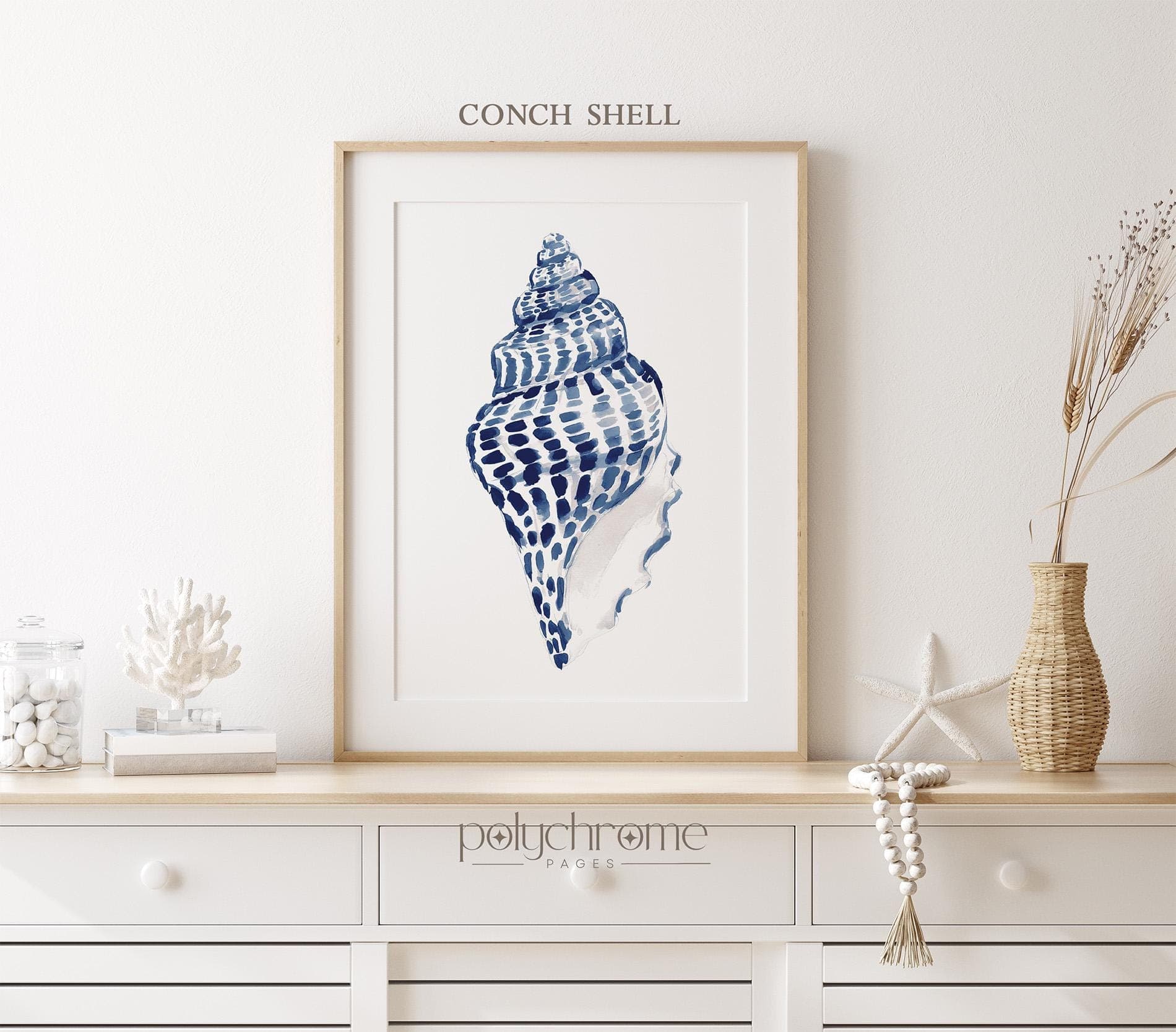 Navy Blue and White Seashells for Seaside Vacation Home, Scallop, Conch and Nautilus Shells Design, Coastal Laundry Room Art | Paper Print - image 5