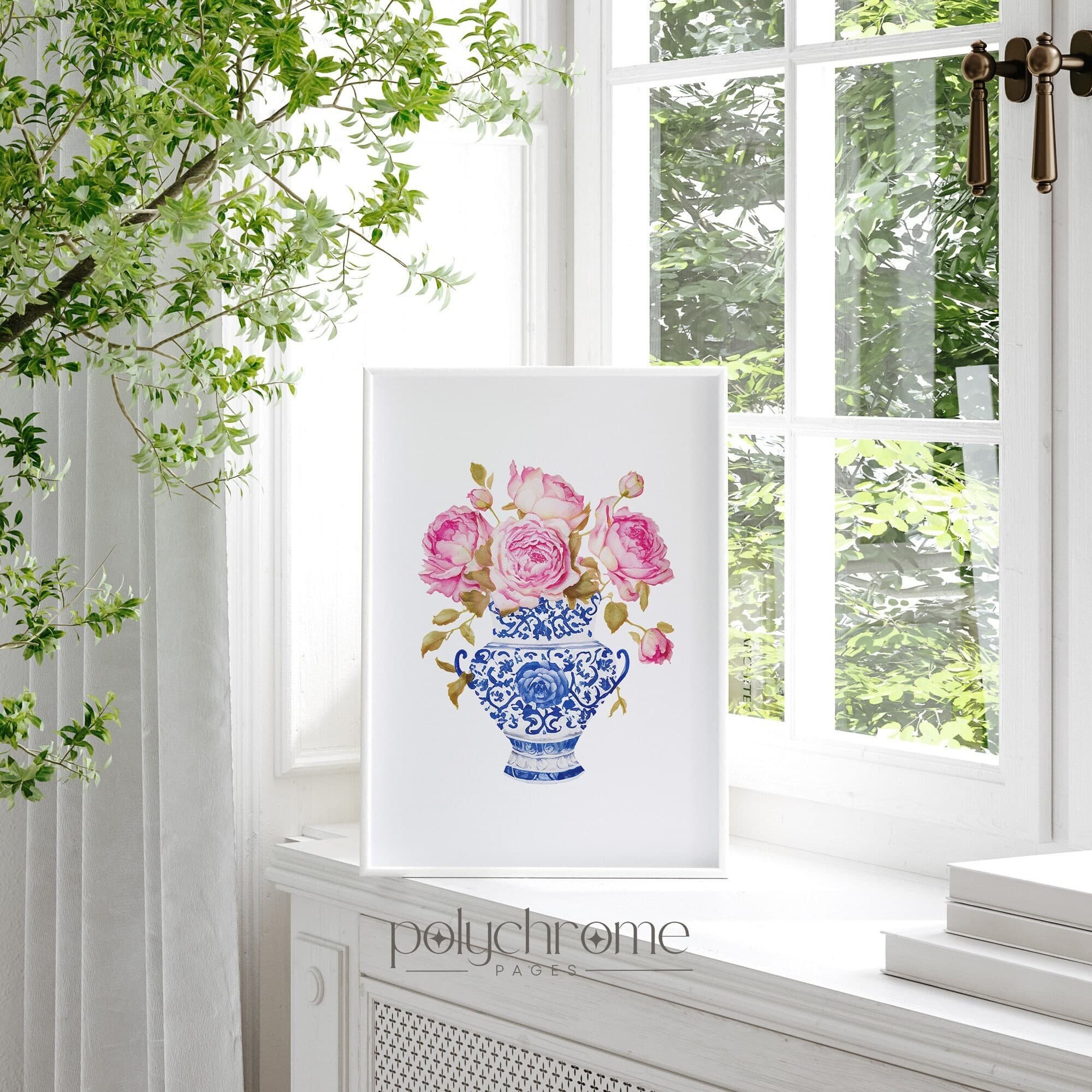 Roses in Chinoiserie, Cottagecore Grandmillennial Hamptons Style Pink Flower Bouquet in Blue and White China | Paper prints 5x7 - 24x36 in