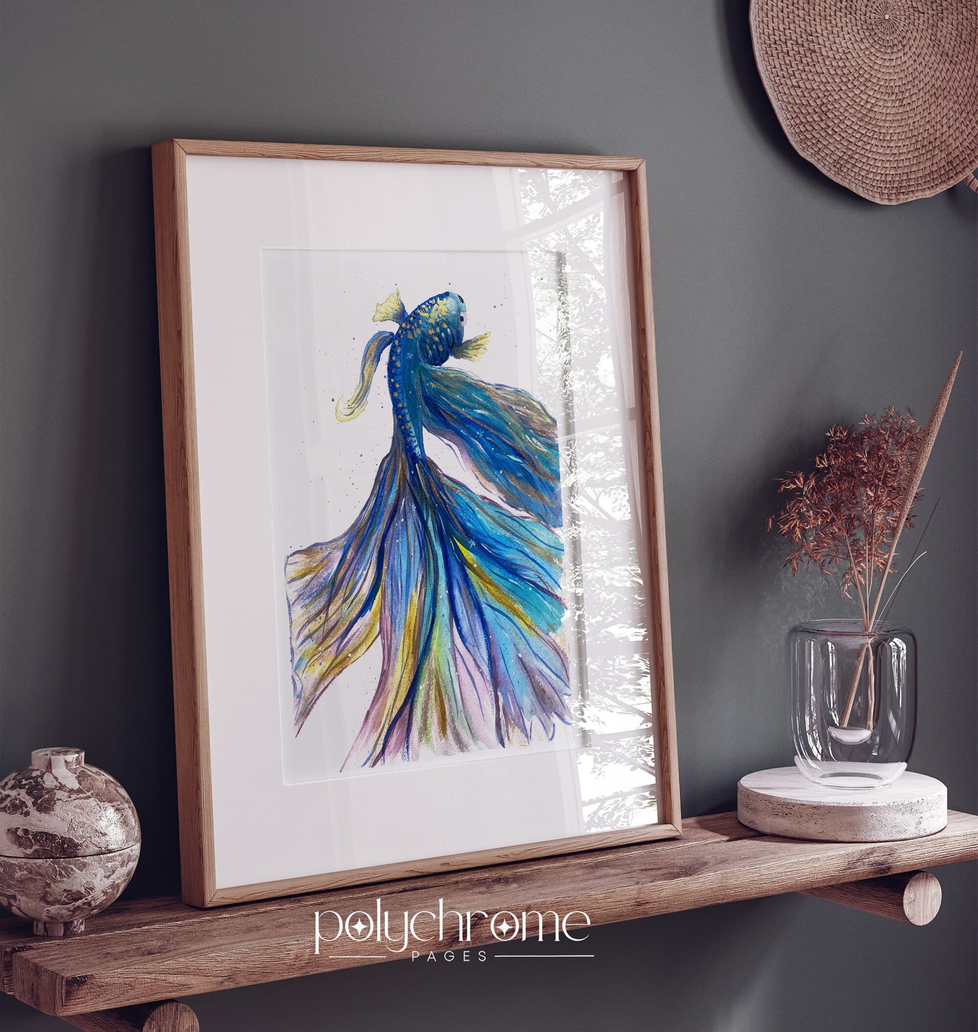 Iridescent Blue Green Gradient Colorful King Betta Fish, Beach House Decor Modern Nursery Decor Watercolor | Paper prints 5x7 - 24x36 in - image 4
