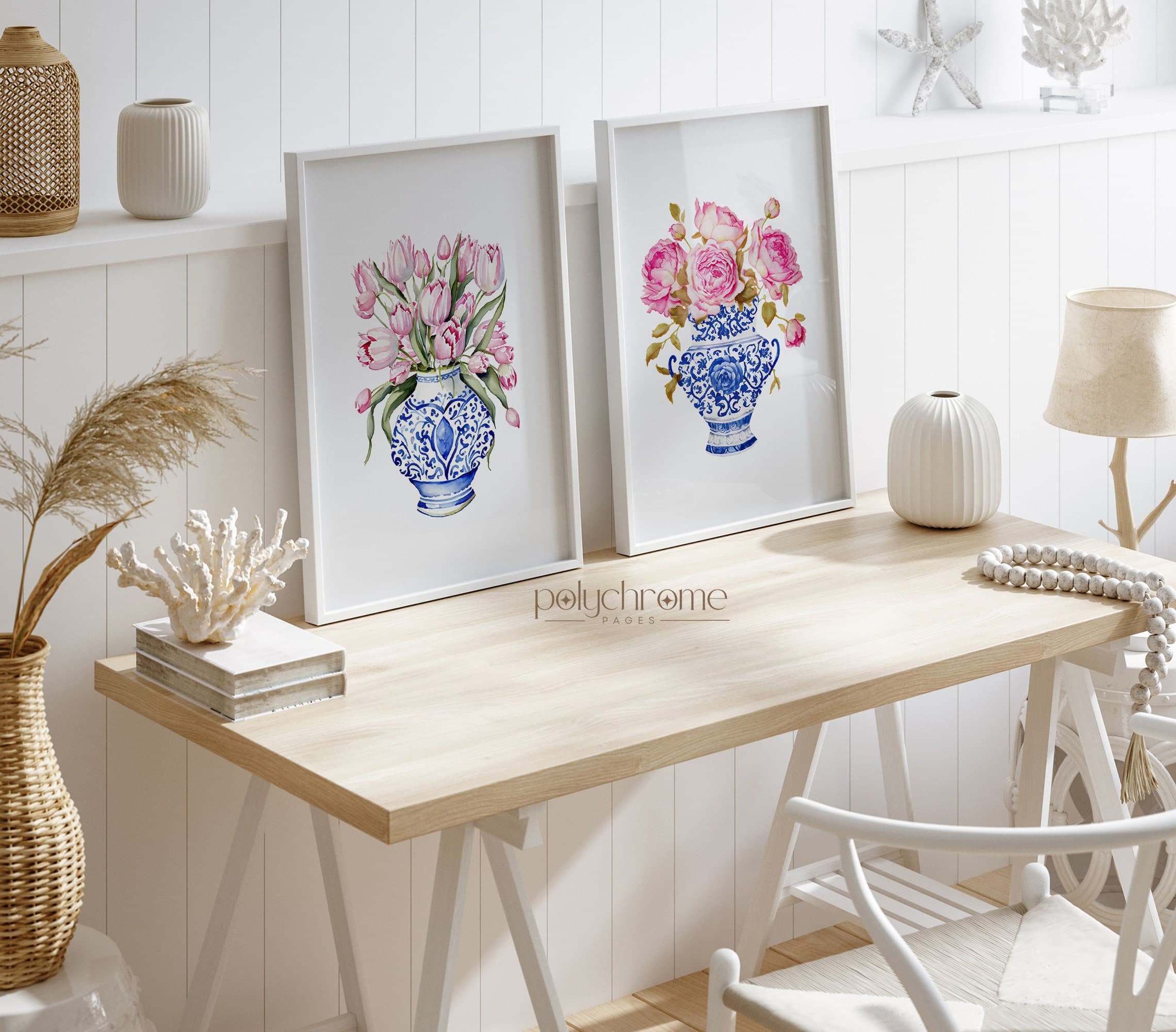 Roses and Tulips in Chinoiserie, Hamptons Style Pink Flower Bouquets in Blue and White China Wall Art | Paper prints 5x7 - 24x36 in - image 3