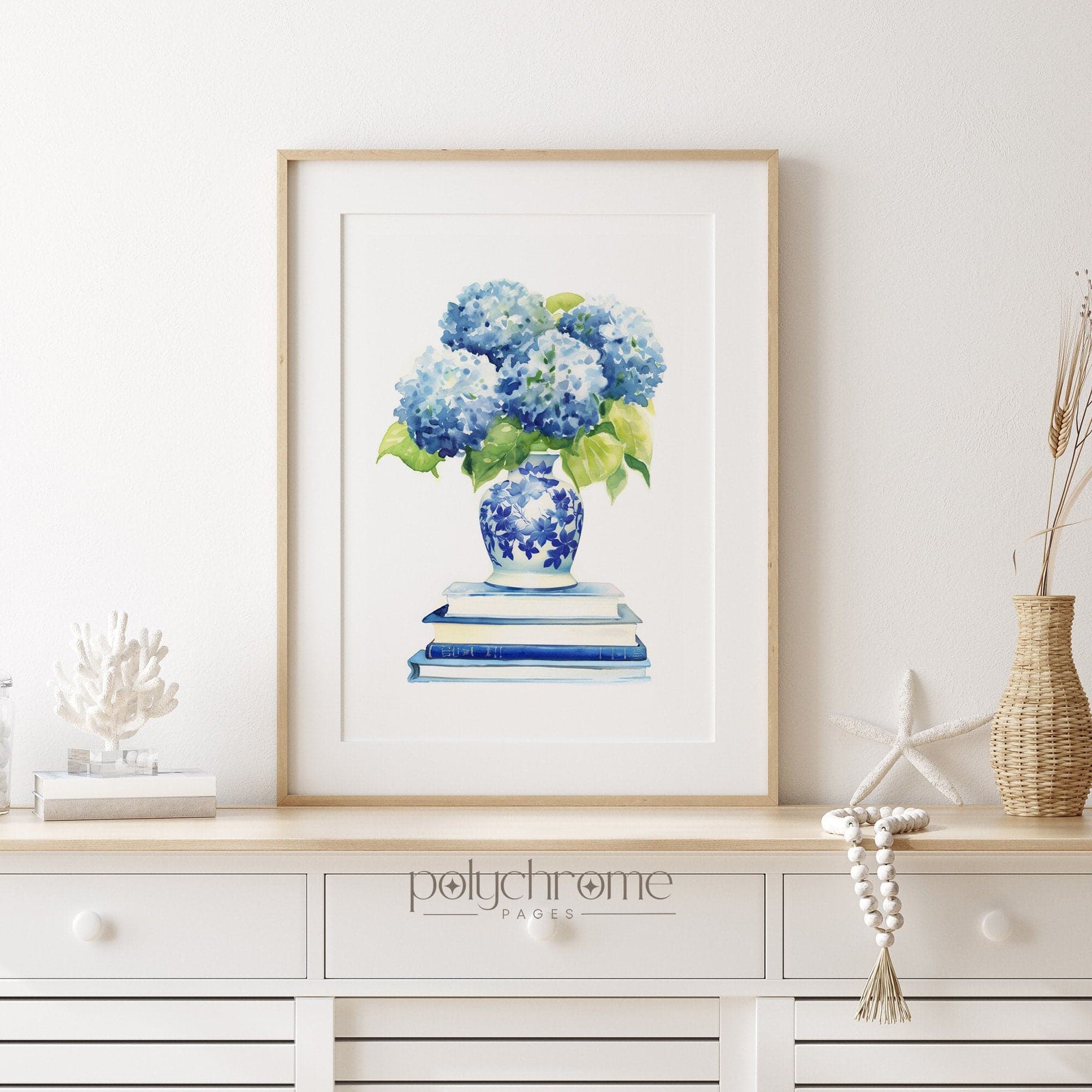 Blue Hydrangeas in Chinoiserie on Stack of Books, Hamptons Style  Blue and White China, Gifts for Book Lovers | Paper prints 5x7 - 24x36 in