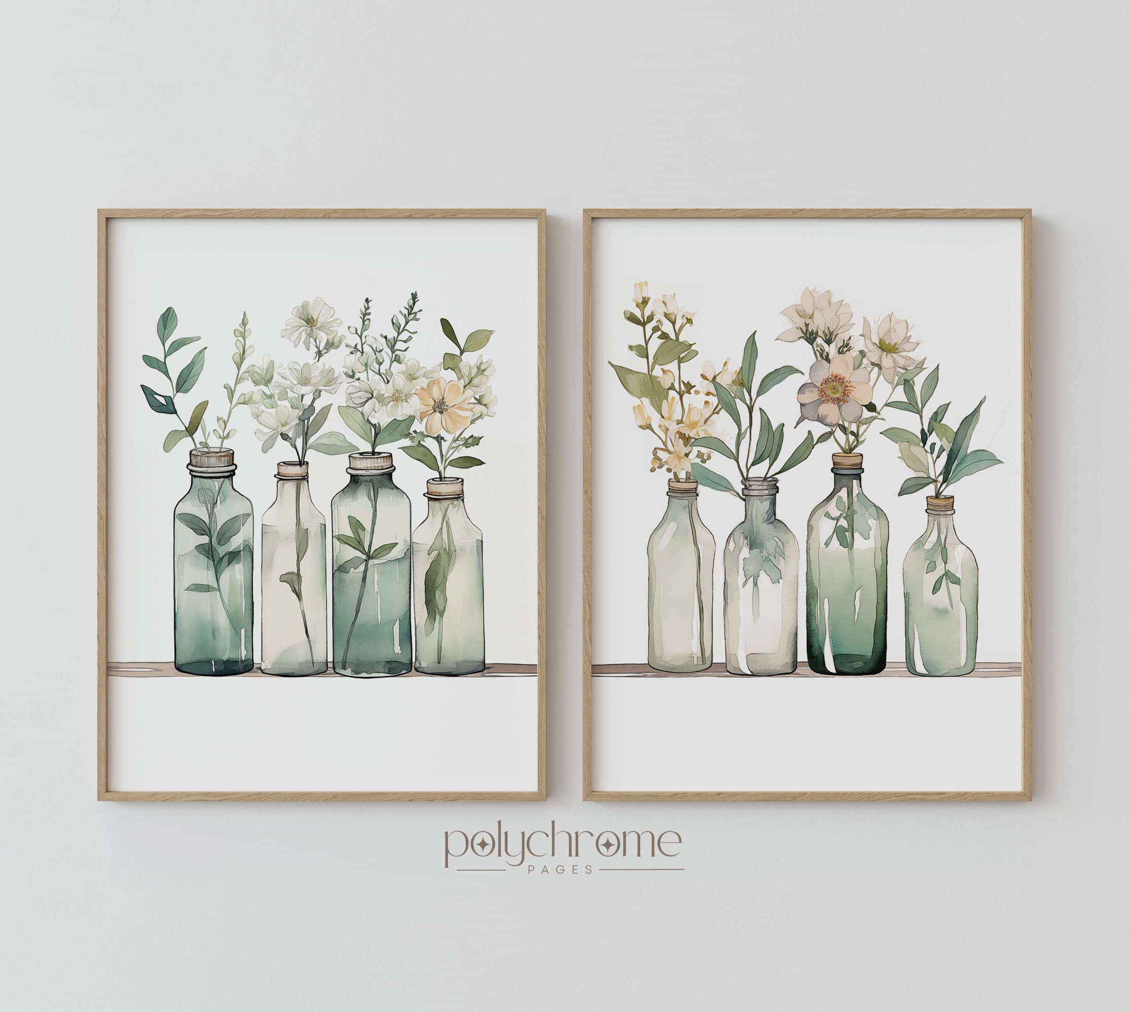 Bottles and Plants Flower Wall Decor, White Green Glass Cottagecore Style Farmhouse Rustic Wall Art | Paper prints 5x7 - 24x36 in