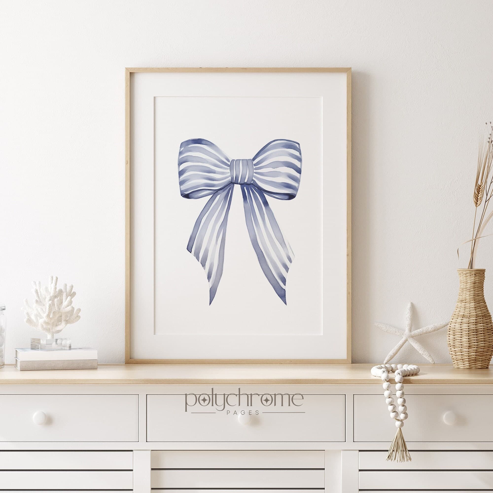 Striped Bow Tie - Preppy Aestetic Navy Bow Wall Art, Grandmillennial Hamptons Style Decor | Paper Print Sizes 5x7 - 24x36 in - image 3