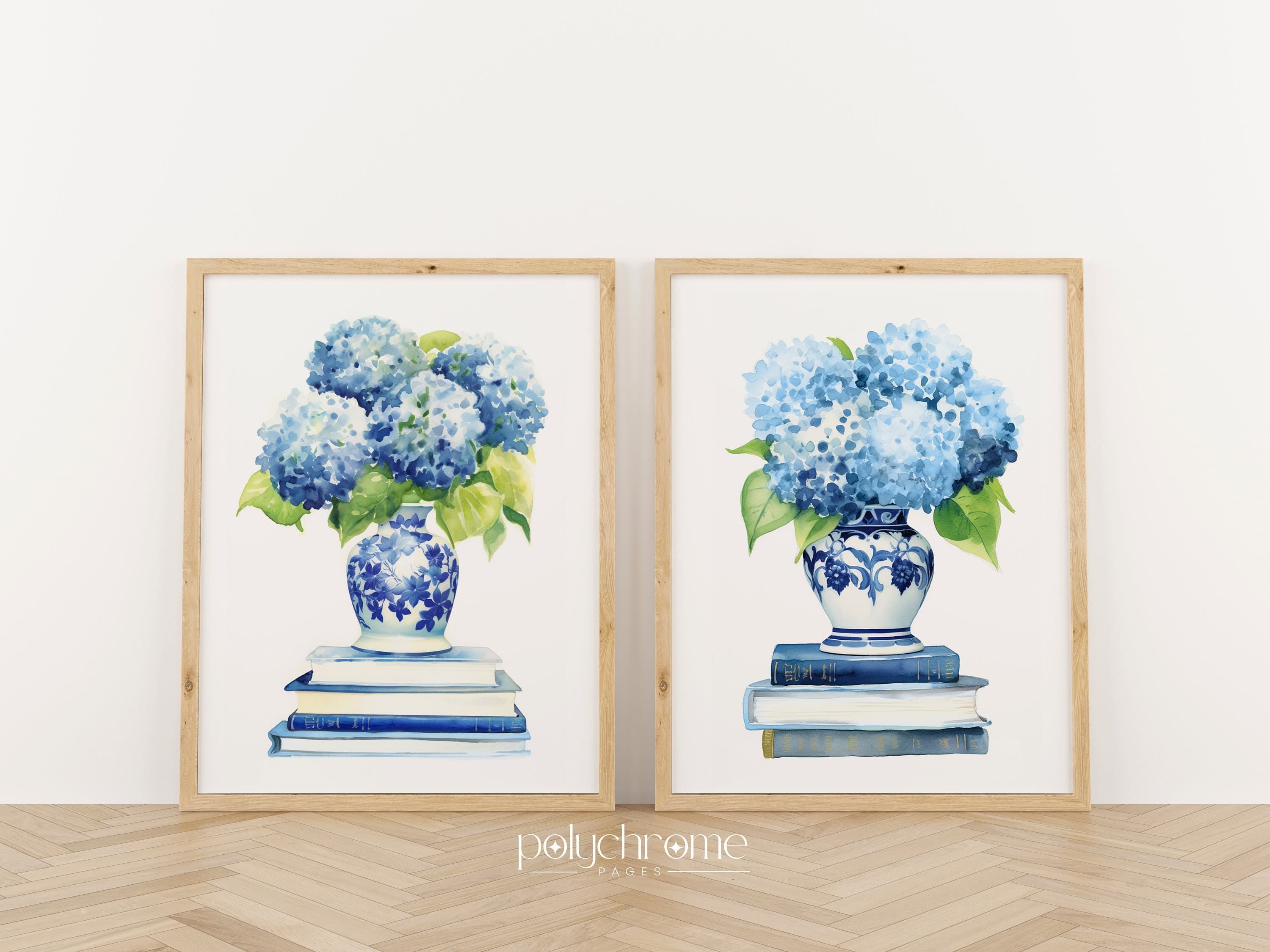 Blue Hydrangeas in Chinoiserie, Hamptons Style Flower Bouquets in Blue and White China, Gifts for Book Lovers | Paper prints 5x7 - 24x36 in