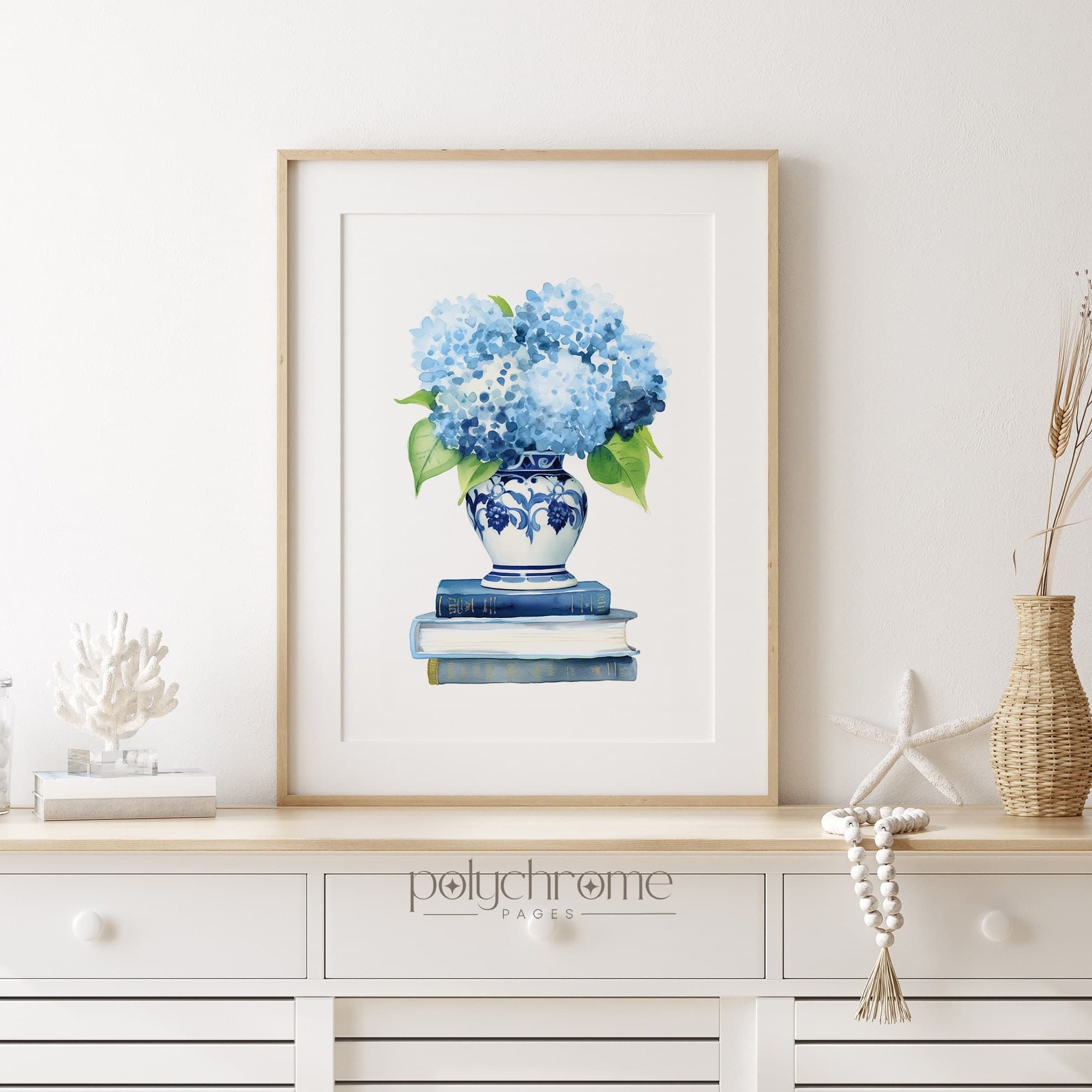 Blue Hydrangeas in Chinoiserie on Stack of Books, Hamptons Style  Blue and White China, Gifts for Book Lovers | Paper prints 5x7 - 24x36 in