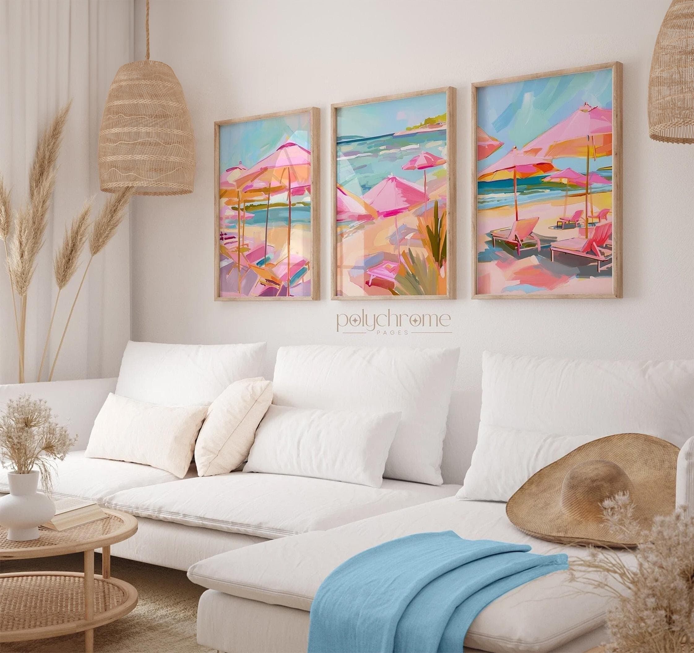 Pink Umbrellas on the Beach, Coastal Pastel Pink and Blue Art, Pool Decor | Paper prints 5x7 - 24x36 in