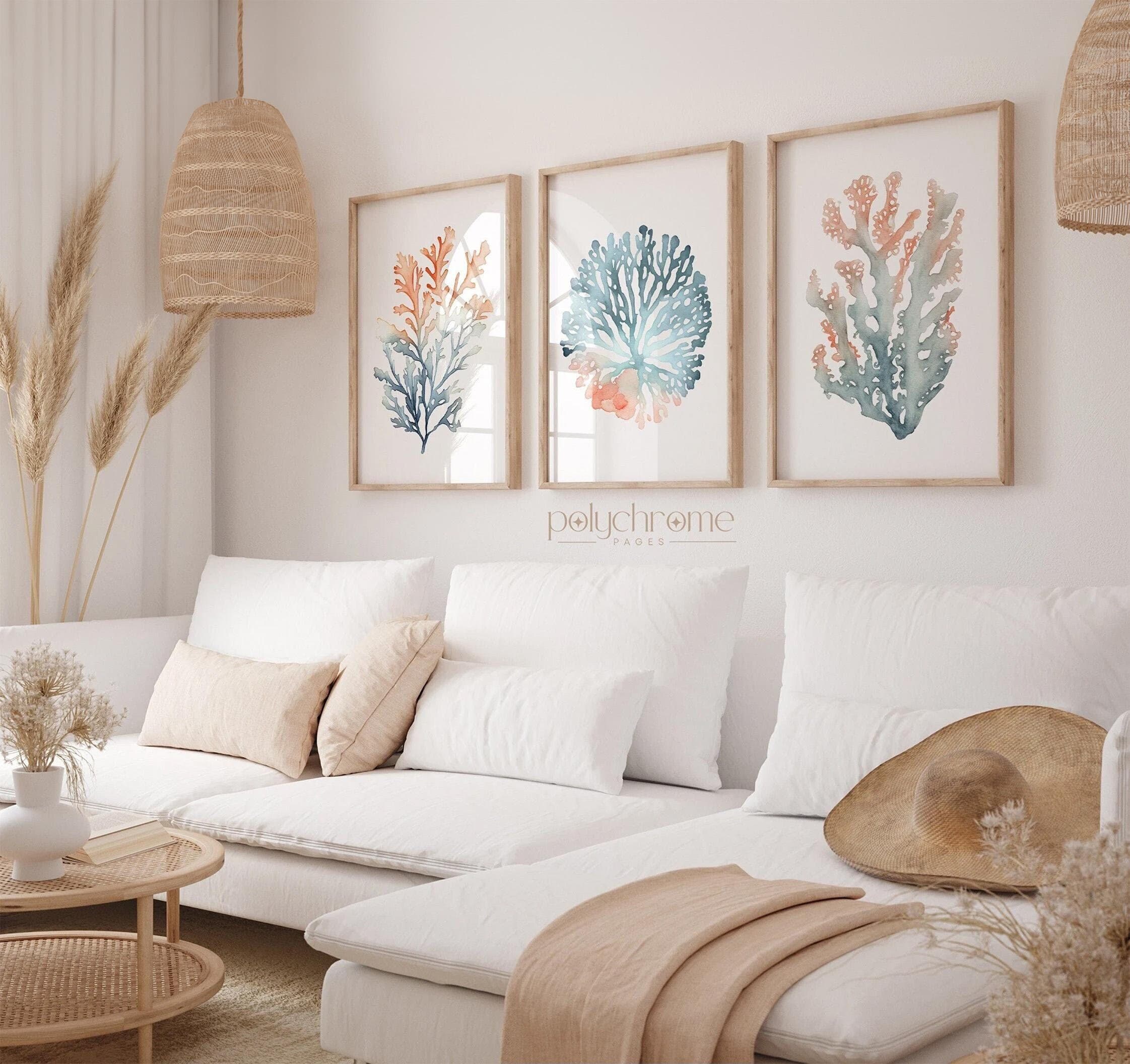 Coral reef drawing with orange and blue gradient ocean painting set of bathroom wall art, triptych art | Printable sizes: 8x10 - 24x36''