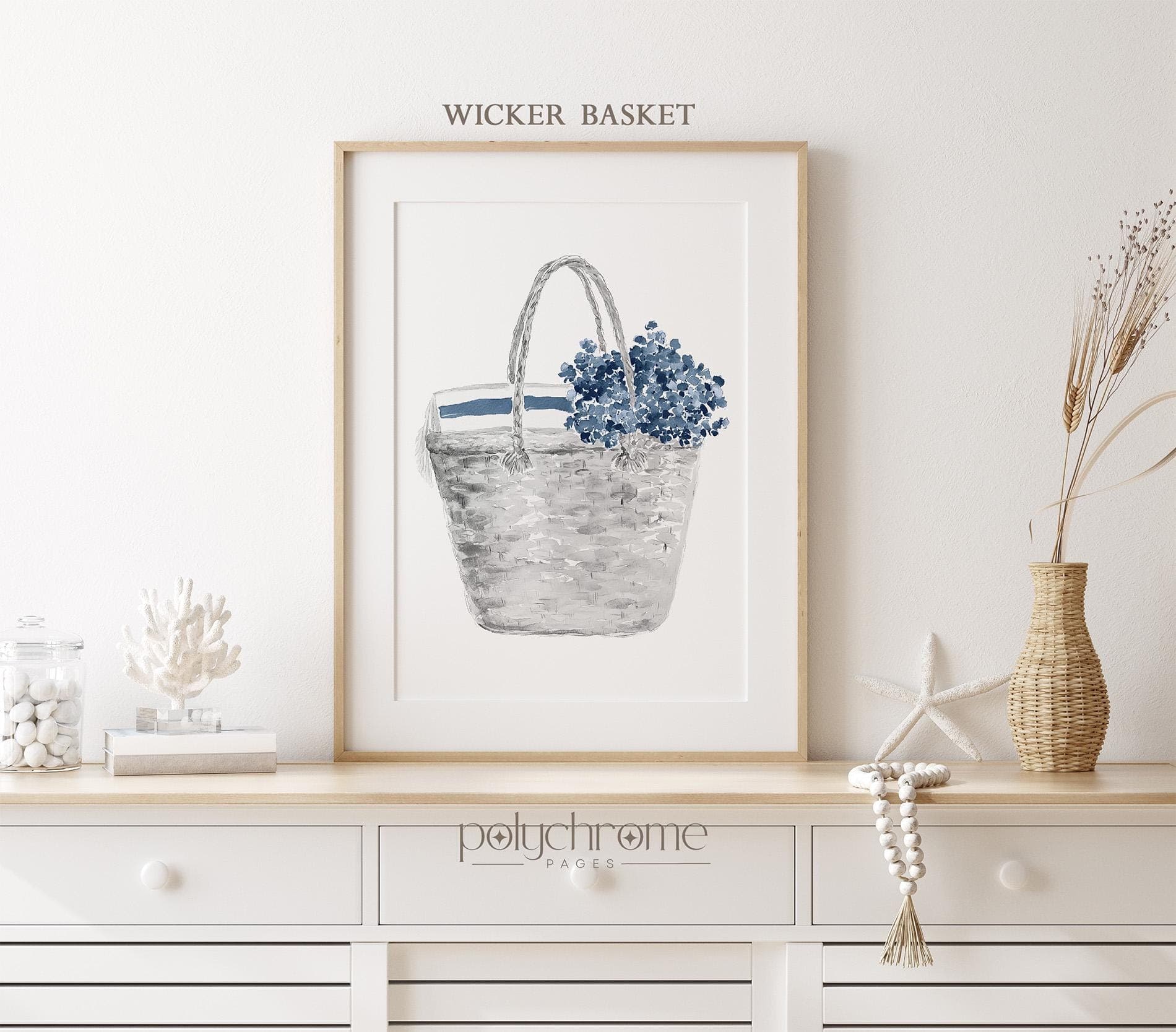 Sandals, Wicker Basket and Sun Hat in Navy Blue, Cute Summer Accessories Illustrations, Vacation Home Changing Room Art | Paper Prints - image 5