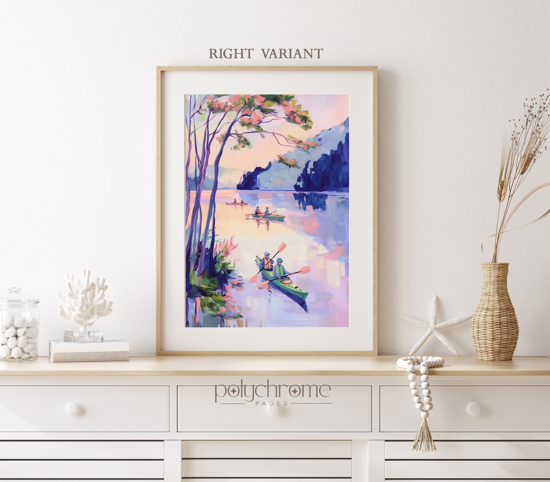 Kayaks on a Lake in Purple and Pink, Canoeing Lake House Art, Fishing Cabin Decor, Vintage Pool Bathroom Idea | Paper prints 5x7 - 24x36 in - image 5