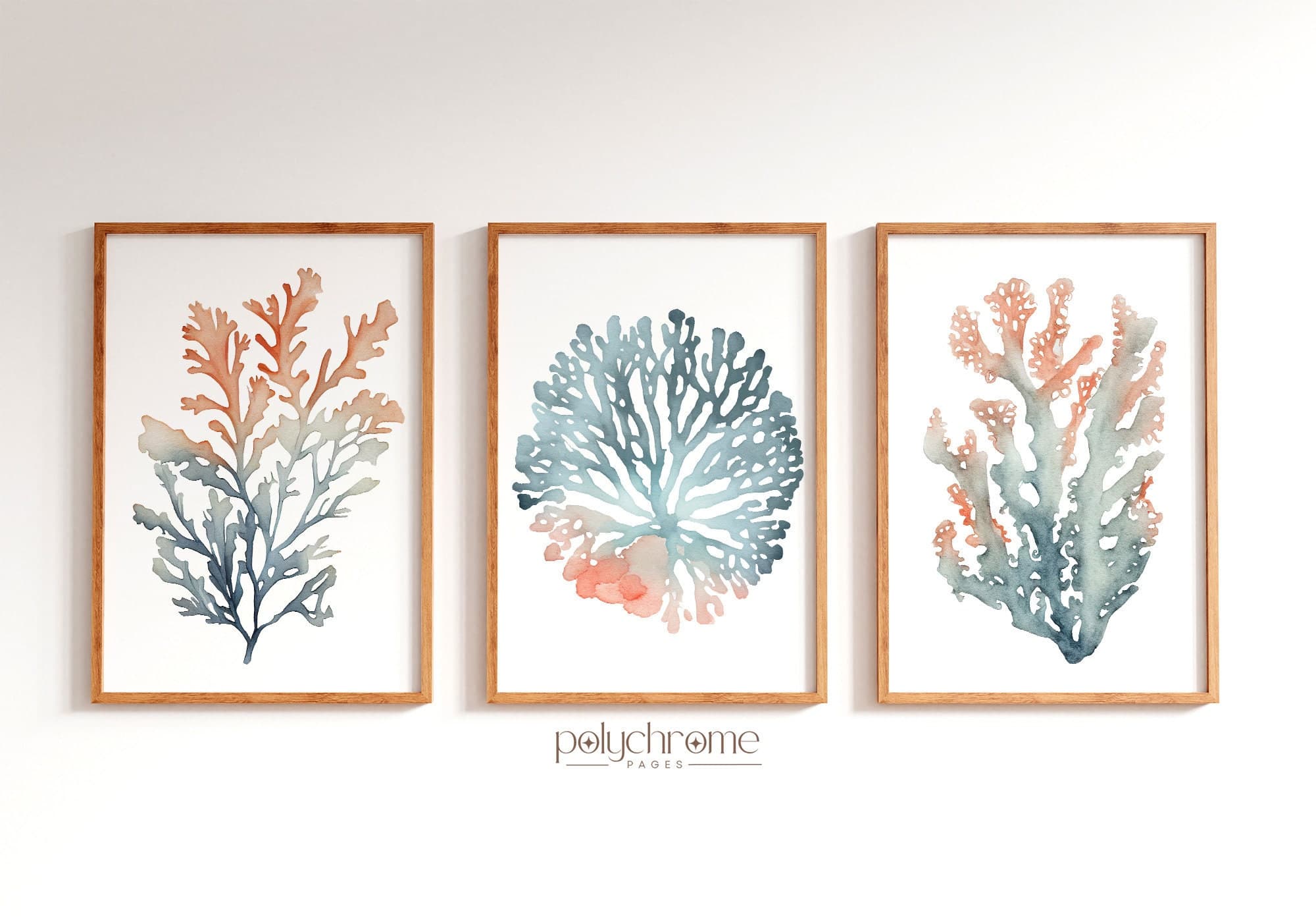 Coral reef drawing with orange and blue gradient ocean painting set of bathroom wall art, triptych art | Printable sizes: 8x10 - 24x36'' - image 3
