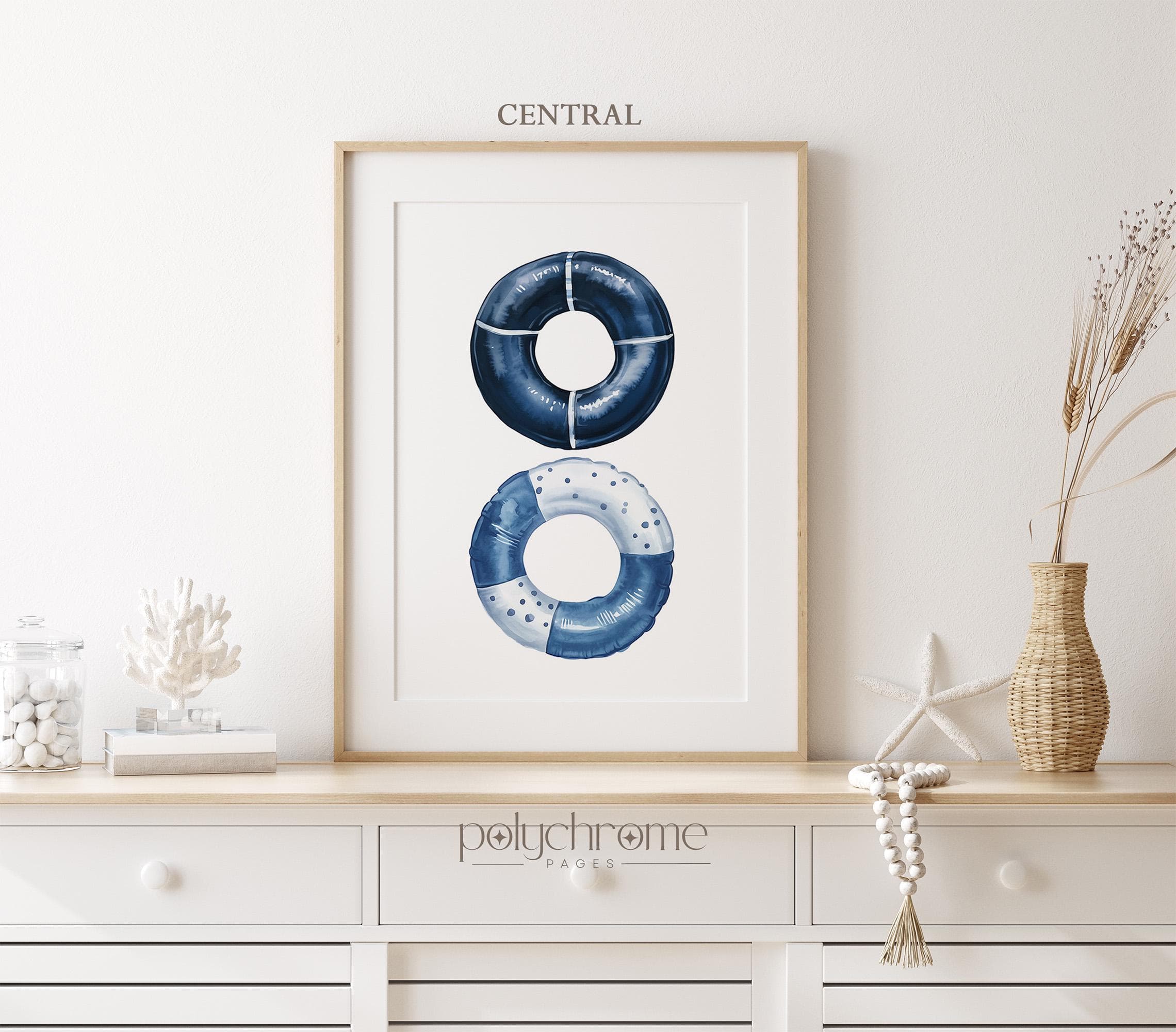 Striped Ring Floaties, Inflatable Inner Tubes Summer Bathroom Decor, Navy and Pastel Blue Pool Accessories Art | Paper Print 5x7 - 24x36in - image 4