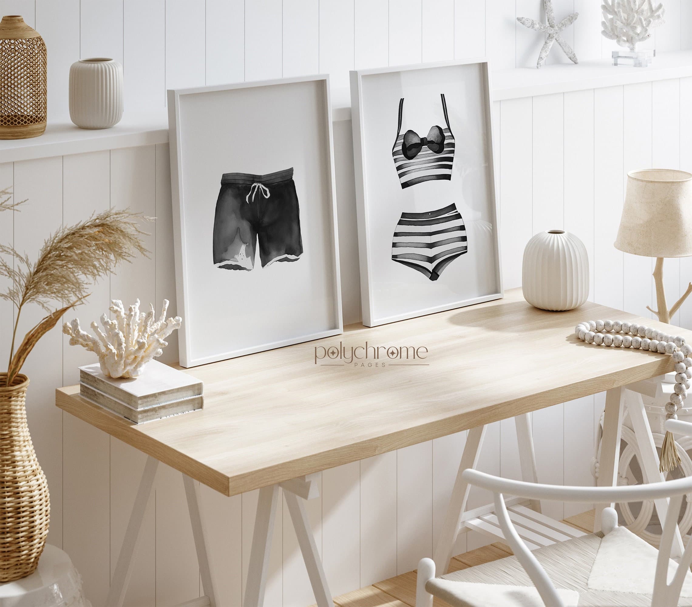 Black and White Painted Swimsuits Lake House Art, Laundry Room Decor | Paper Print Wall Art sizes 5x7 - 24x36 in