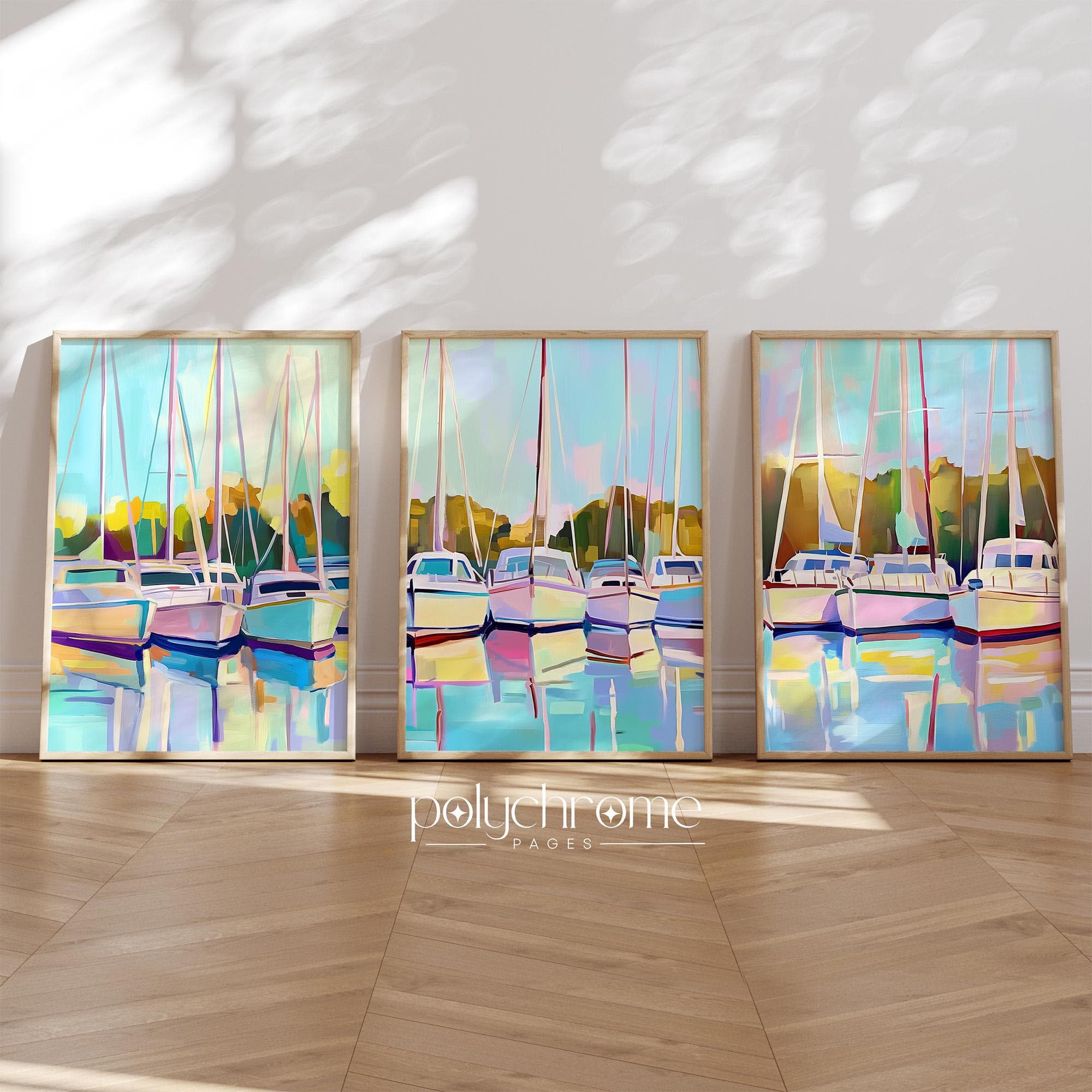 Boat Sailboats in Harbor Marina, Coastal Lake House Landscape in Pastel Blue and Green, Nautical wall decor | Paper prints 5x7 - 24x36 in