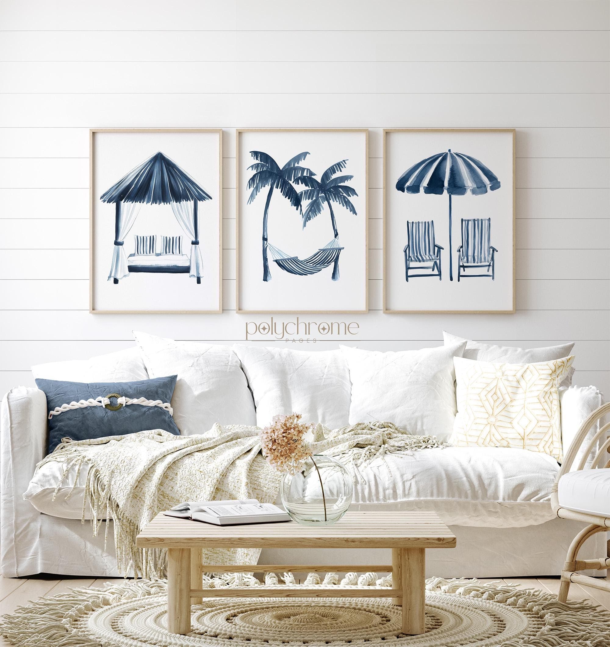 Striped Hammock, Beach Umbrella and Cabana in Navy Blue, Vacation Style Bedroom Decor, Coastal Summer Dorm Room Art | Prints 5x7 - 24x36 in - image 3