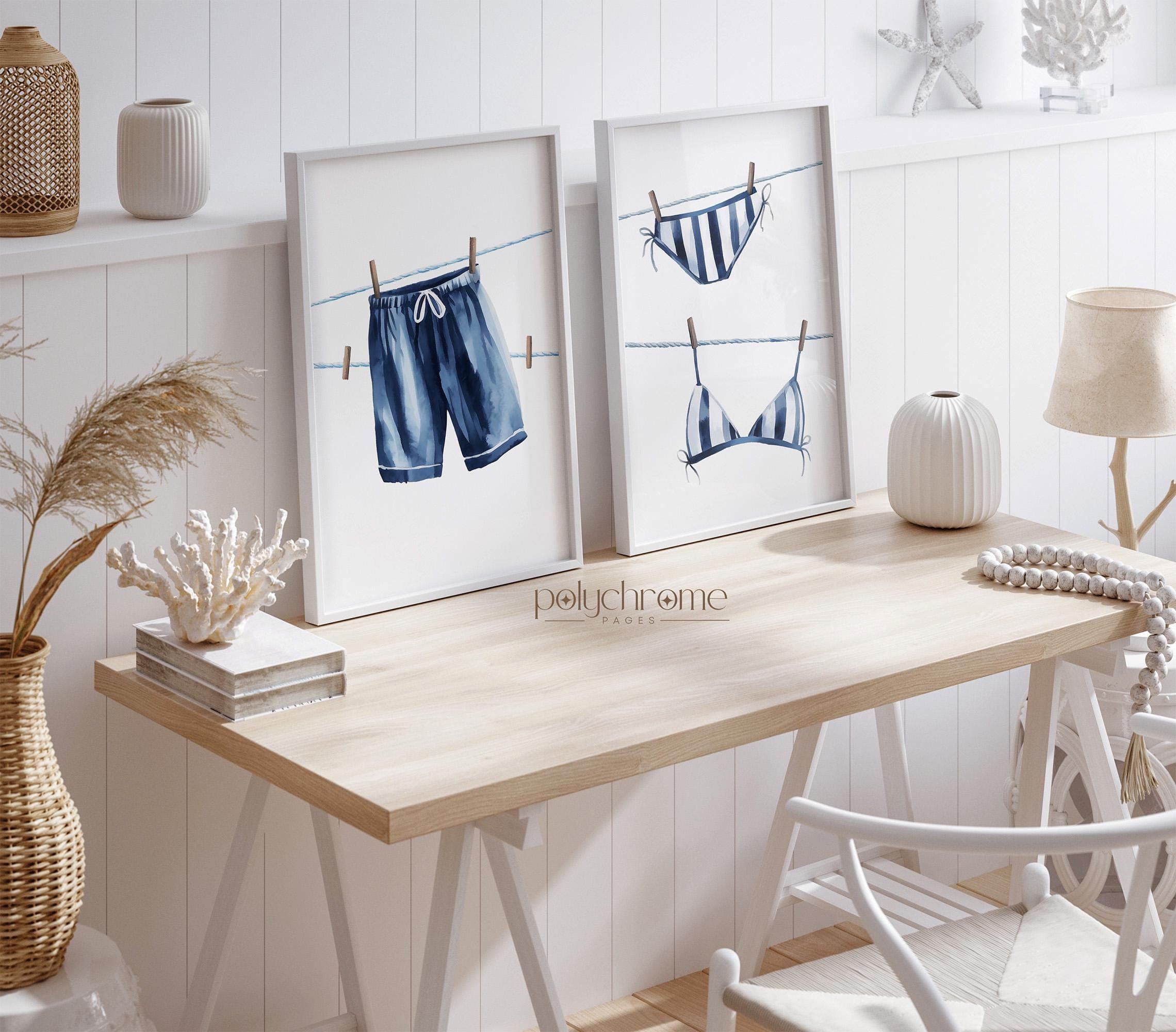 Hanging Bikini & Swimming Trunks in Navy Blue, Swimsuits on Clothesline Laundry Room Decor, Lake House Pool Bathroom | Prints 5x7 - 24x36 in