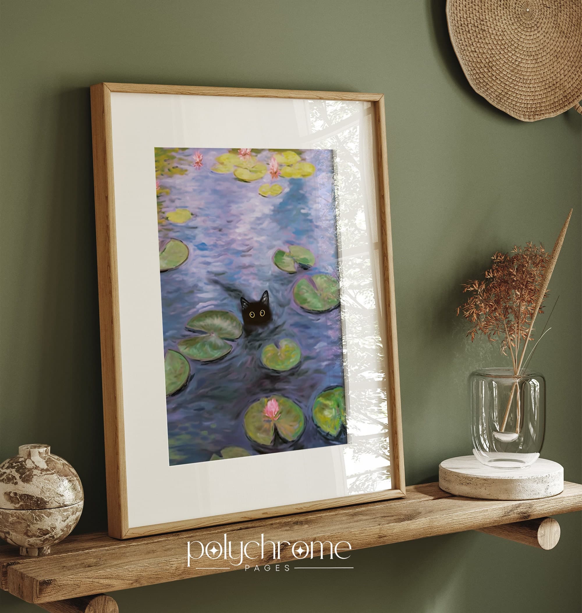 Cat in Monet Water Lilies, Black cat in pond, funny cat painting, gifts for cat lovers, Pond prowler | Paper print sized: 8.5x12 - 24x36in - image 4