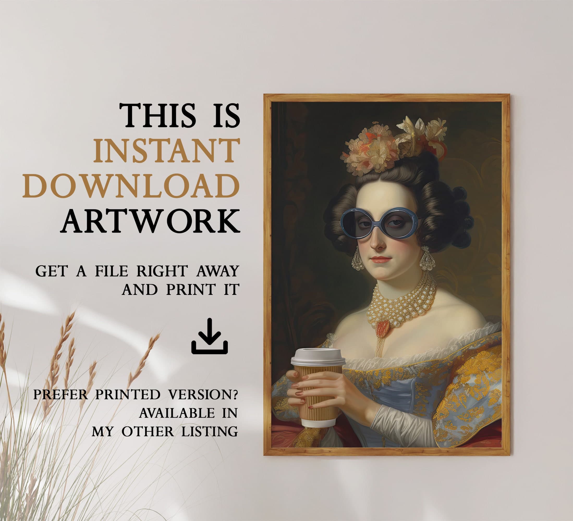 Rococo art work of Lady with Coffee cup - baroque art painting altered art print, eclectic kitchen poster | Printable, sizes 8x10 - 24x36in - image 3