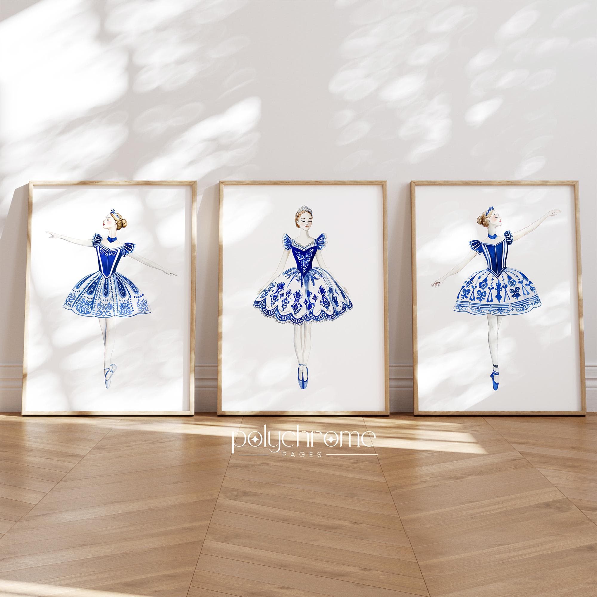 Nutcracker Ballerinas Chinoiserie Figurine, Hamptons Style Blue and White China Vintage Christmas Winter Decor | Paper Prints 5x7 - 24x36 in