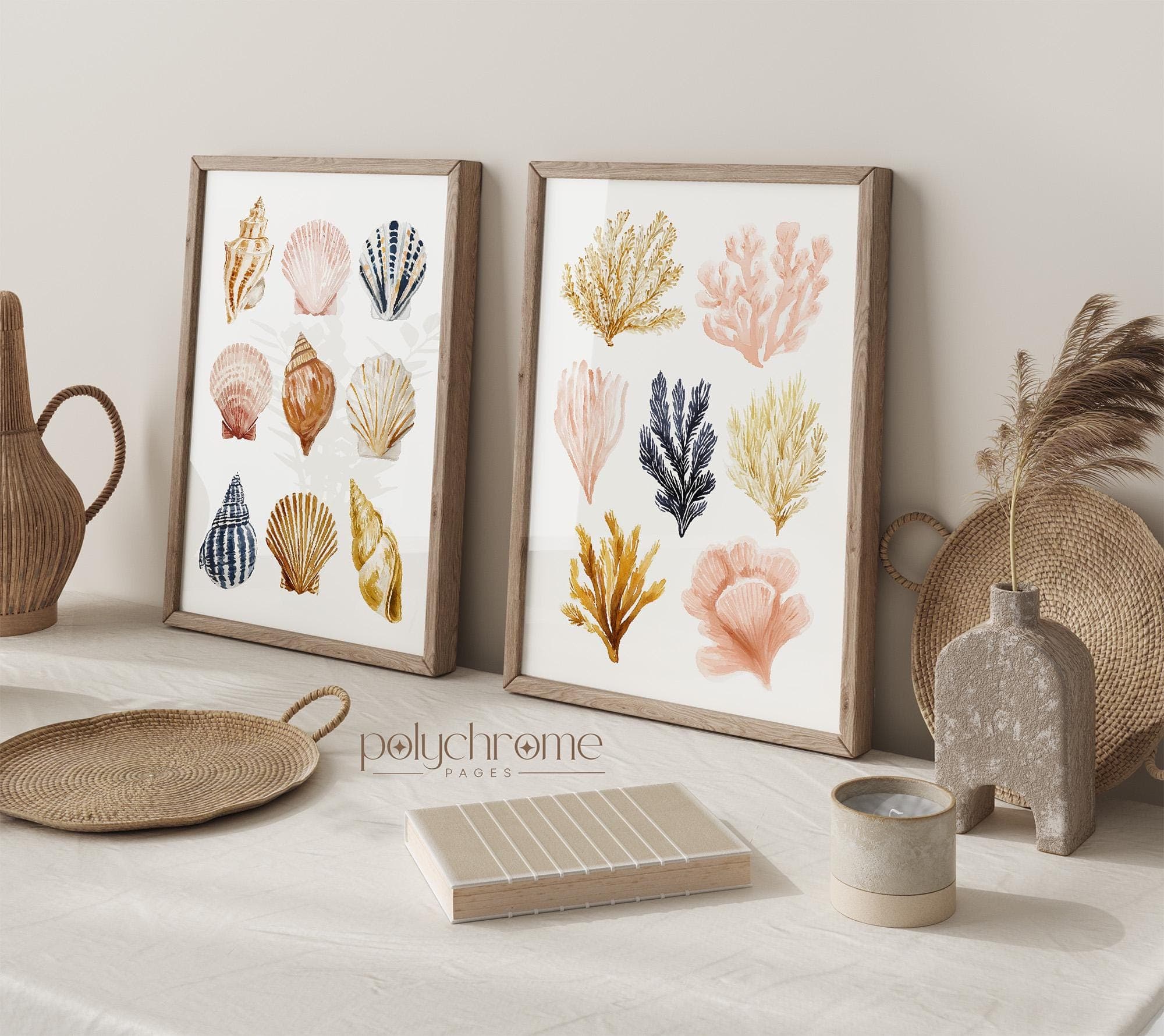 Seashells and Seaweed in Beige, Brown, Pink and Yellow, Pastel Colored Collection for Vacation Home, Coastal Laundry Room Art | Paper Print - image 5