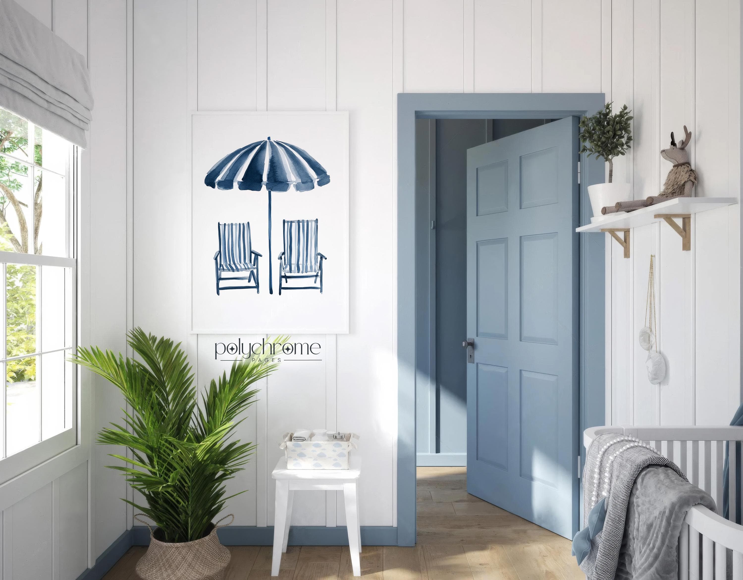 Striped Beach Umbrella and Deckchairs in Navy Blue, Vacation Style Bedroom Decor, Coastal Summer Dorm Room Art | Prints 5x7 - 24x36 in - image 3
