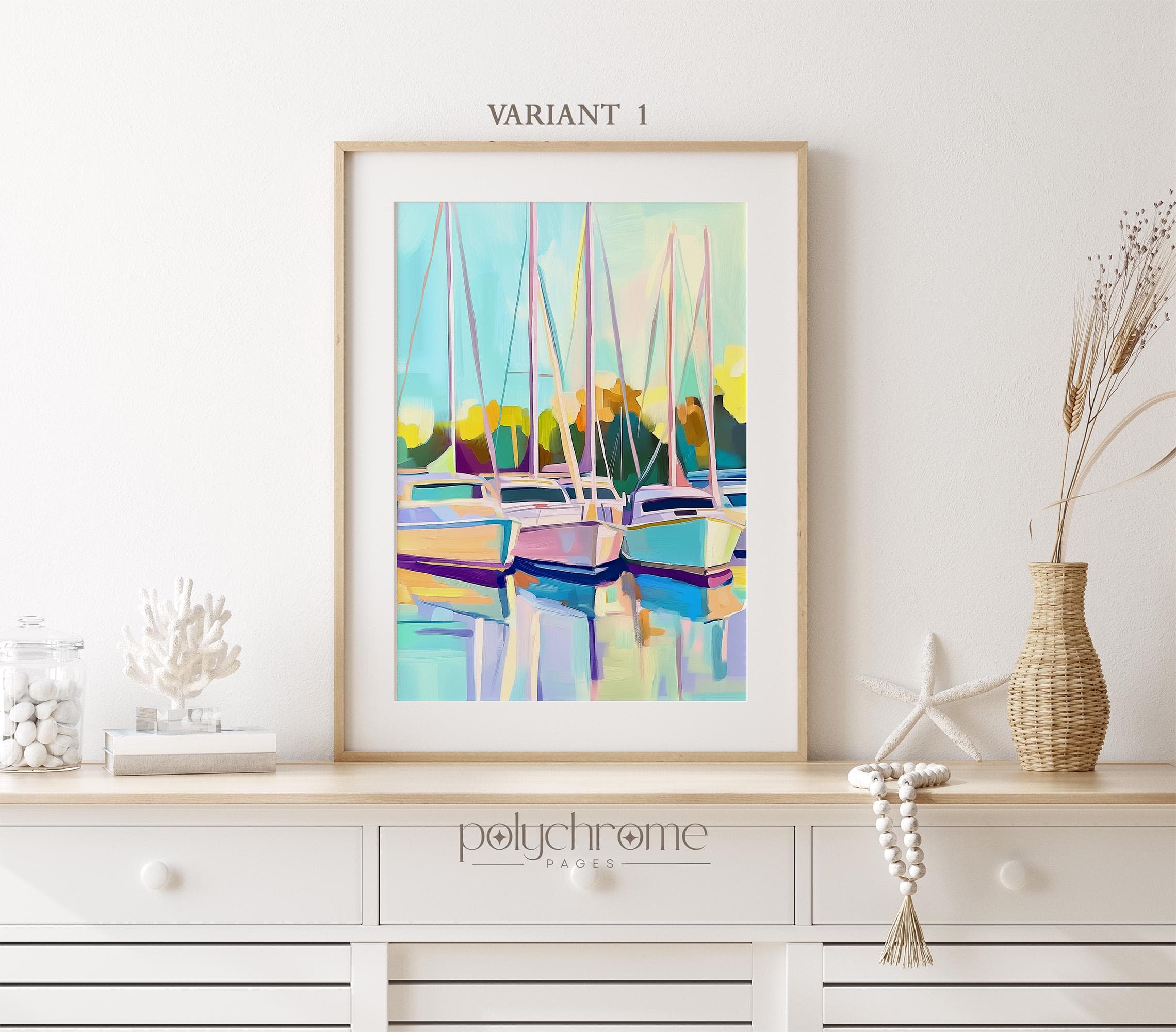 Boat Sailboats in Harbor Marina, Coastal Lake House Landscape in Pastel Blue and Green, Nautical wall decor | Paper prints 5x7 - 24x36 in - image 4