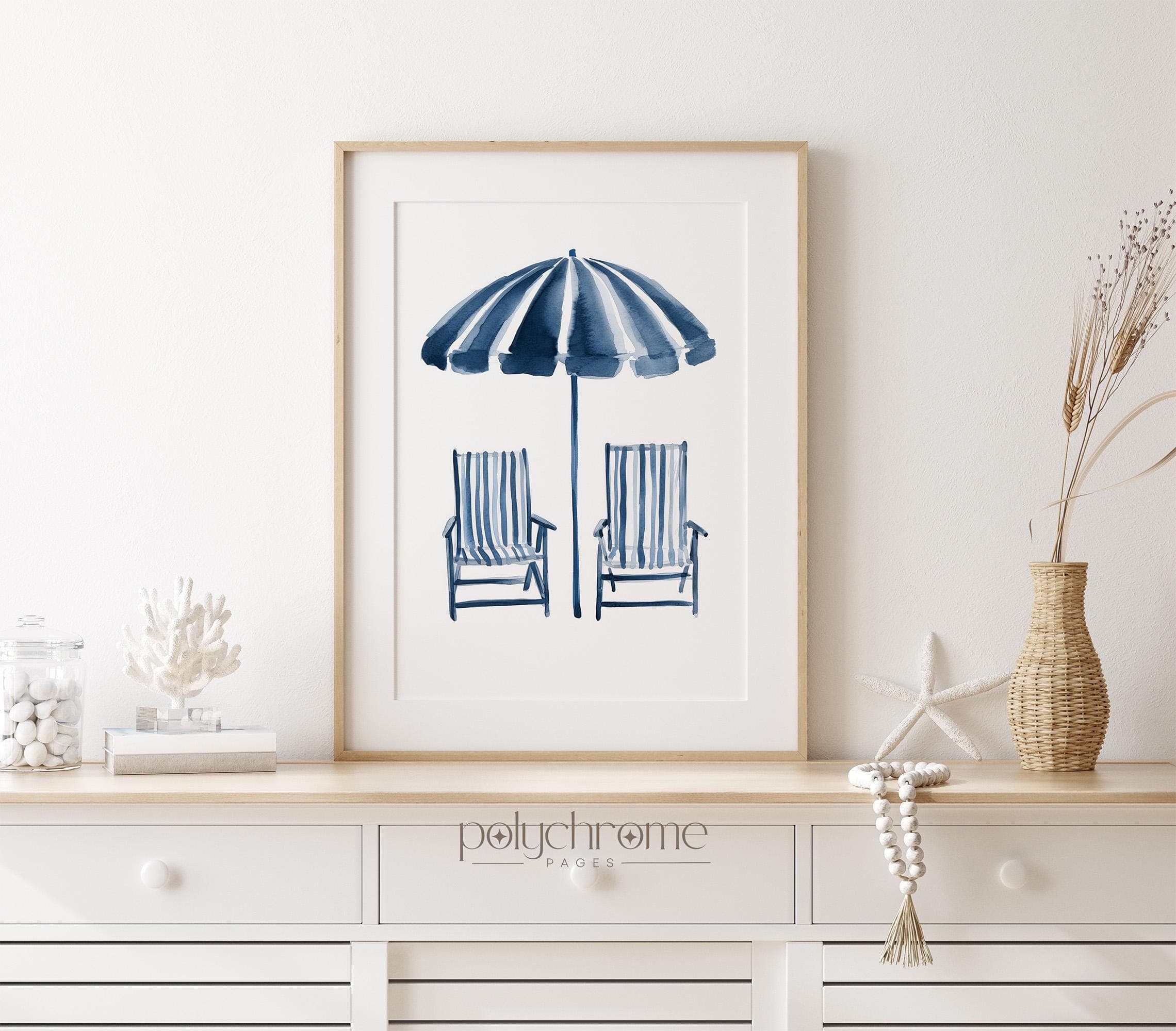 Striped Beach Umbrella and Deckchairs in Navy Blue, Vacation Style Bedroom Decor, Coastal Summer Dorm Room Art | Prints 5x7 - 24x36 in - image 5
