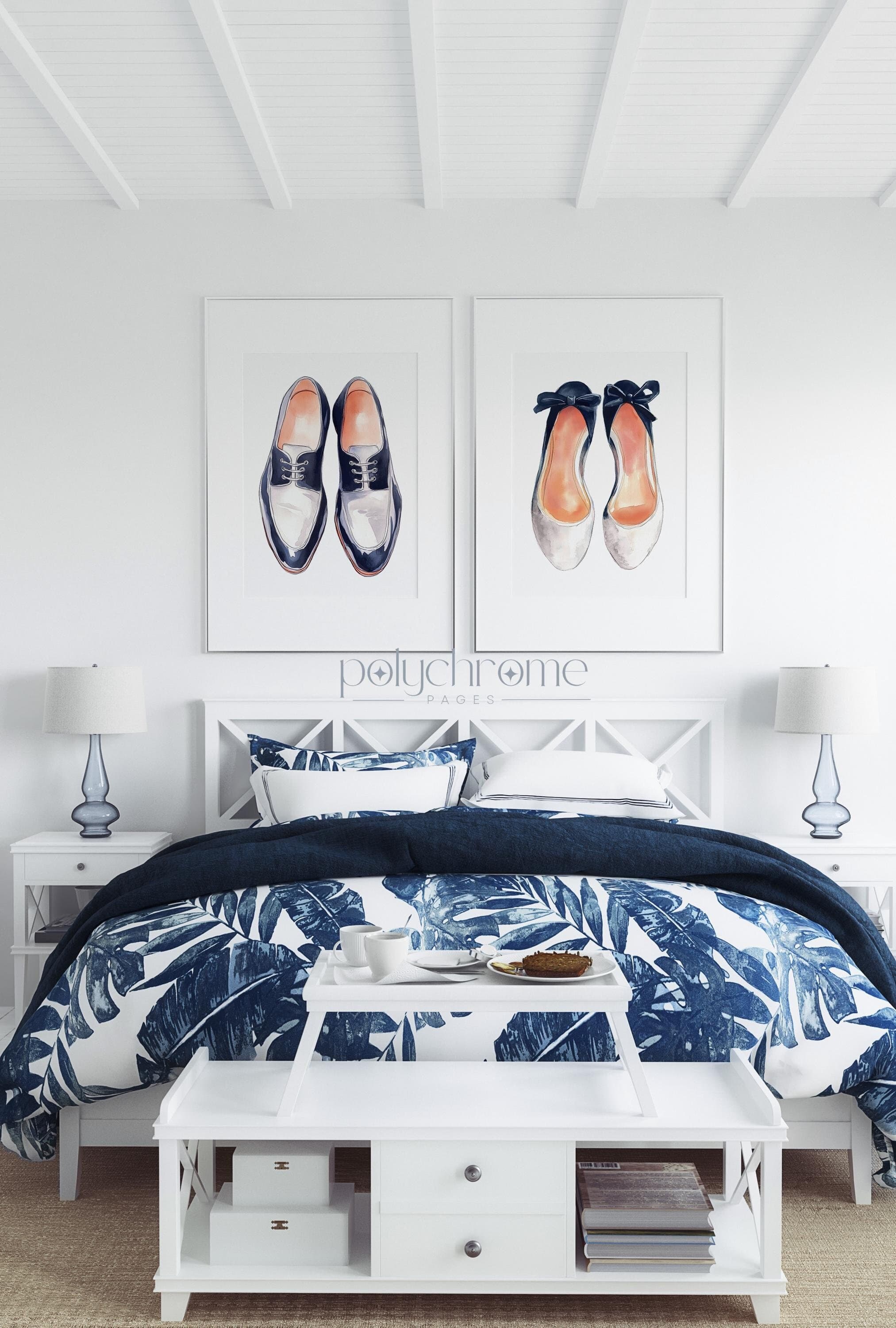 His and Hers Shoes Painting, Above the Bed Navy Wall Art, Watercolor Entryway Decoration, Present for Couple | Paper Print 5x7 - 24x36 in - image 3