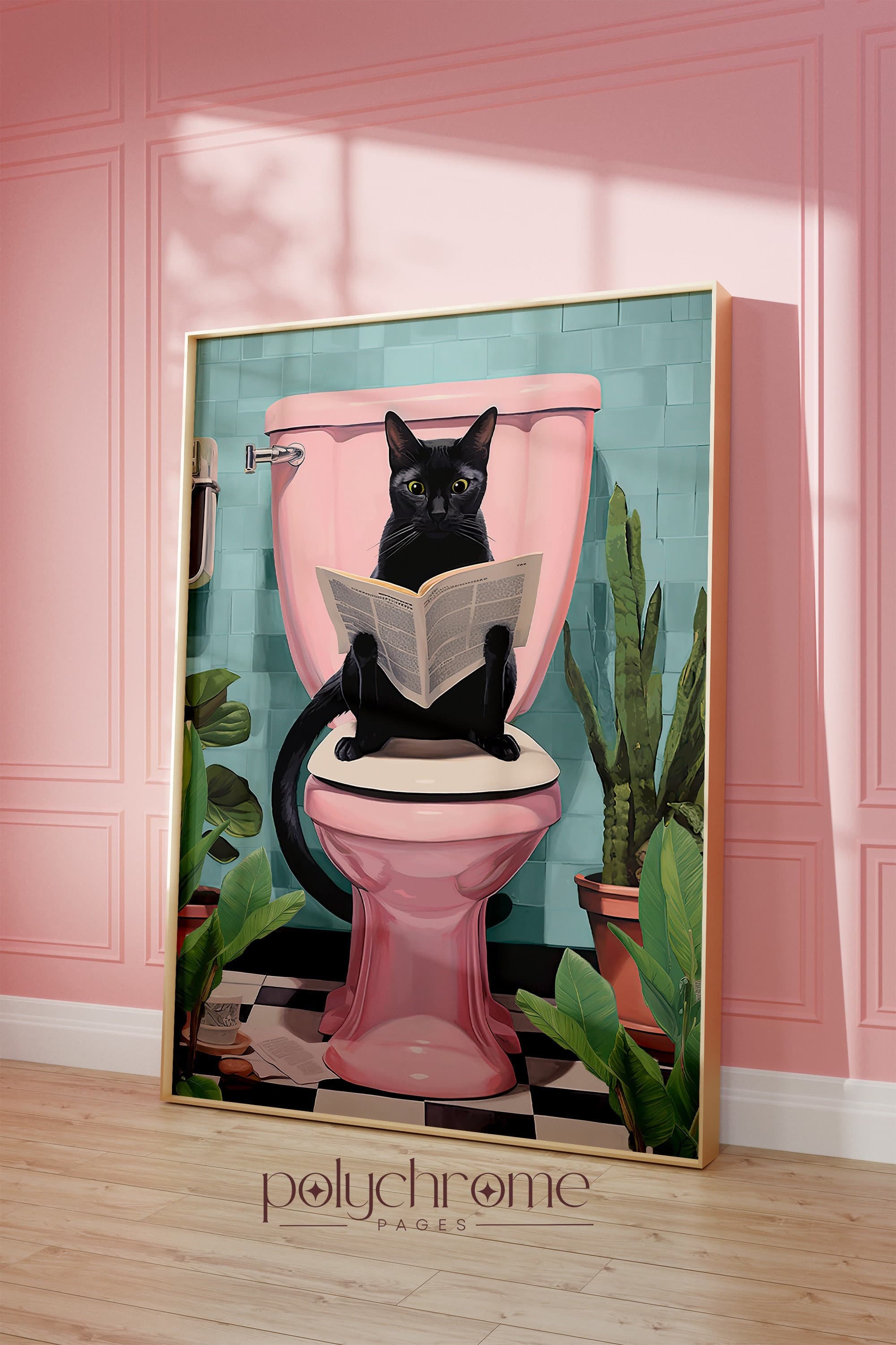 Black Cat Using Toilet, Cat Reading Newspaper Bathroom Decor Art, Funny Cat Painting, Gifts for Cat Lovers | Paper print sizes 5x7 - 24x36in