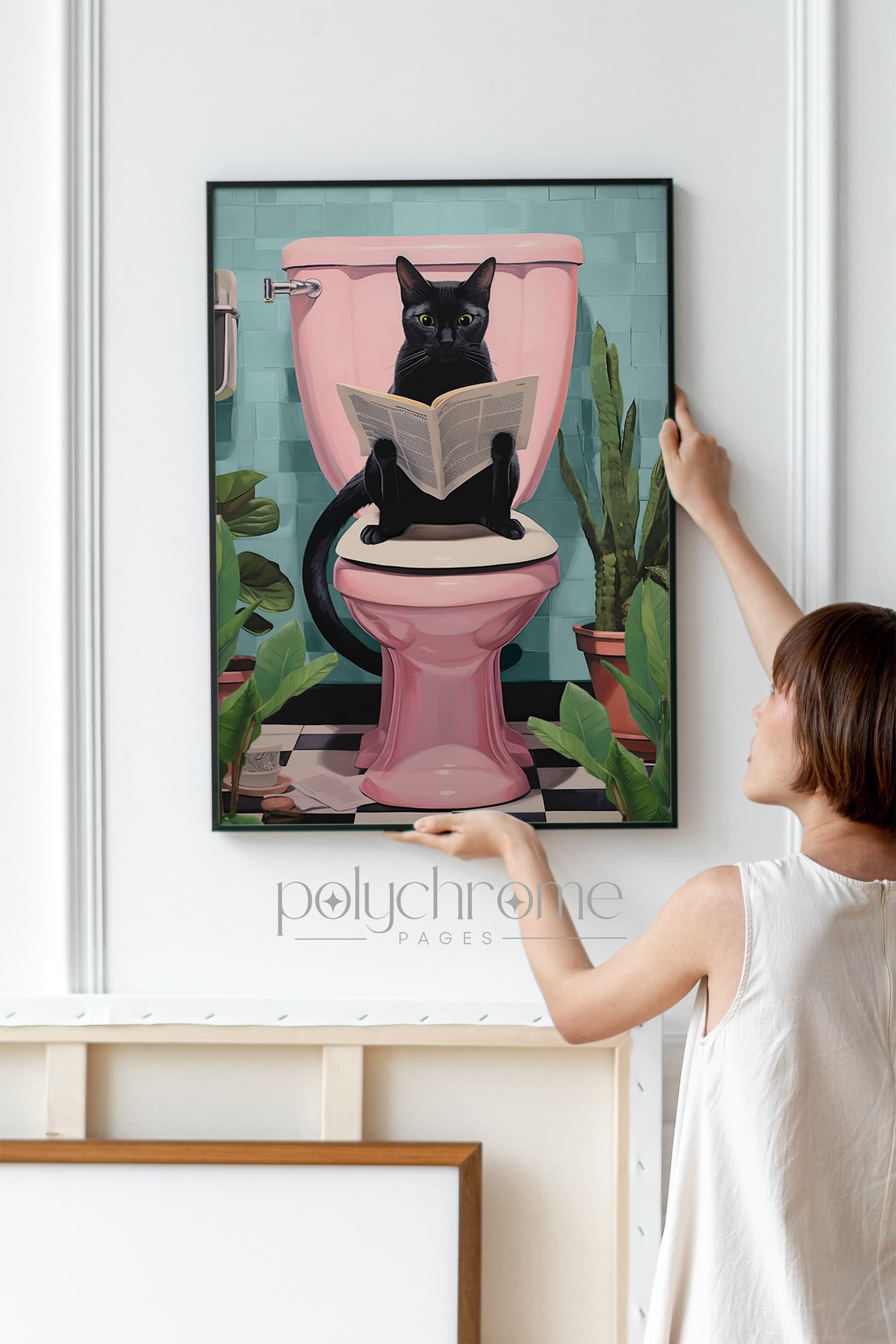 Bathroom decor art, home accent decor, bathroom wall art, gifts for cat lovers,
picture of drawn cat, funny bathroom art, bathroom artwork, cat poster, eclectic style decor, black cat art, cat using toilet,
cat reading