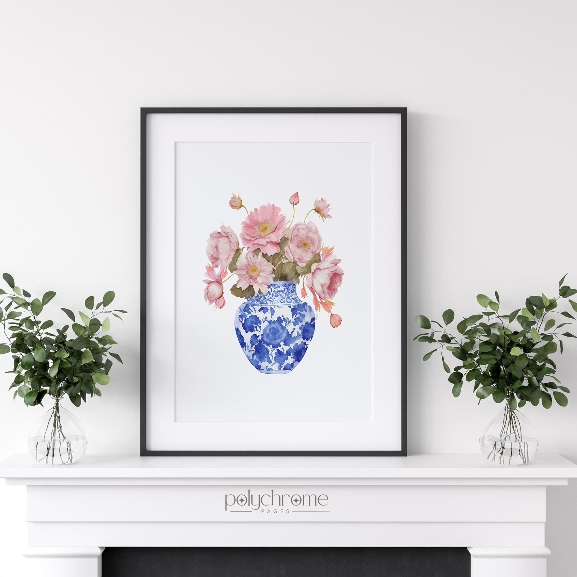 Daisies in Chinoiserie, Cottagecore Grandmillennial Hamptons Style Pink Flower Bouquet in Blue and White China | Paper prints 5x7 - 24x36 in - image 4