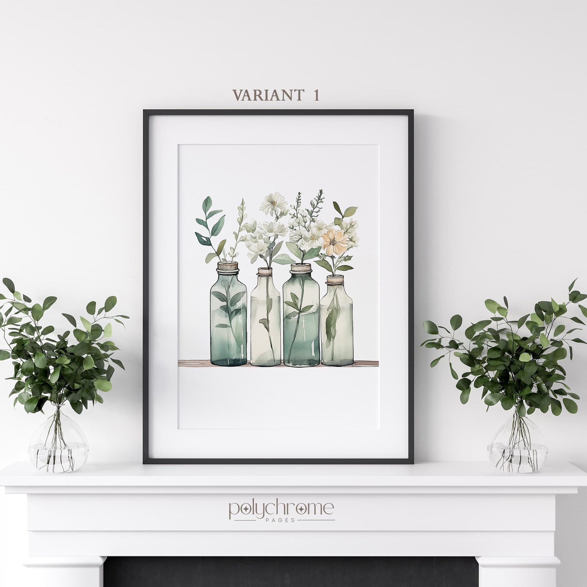 Bottles and Plants Flower Wall Decor, White Green Glass Cottagecore Style Farmhouse Rustic Wall Art | Paper prints 5x7 - 24x36 in - image 3
