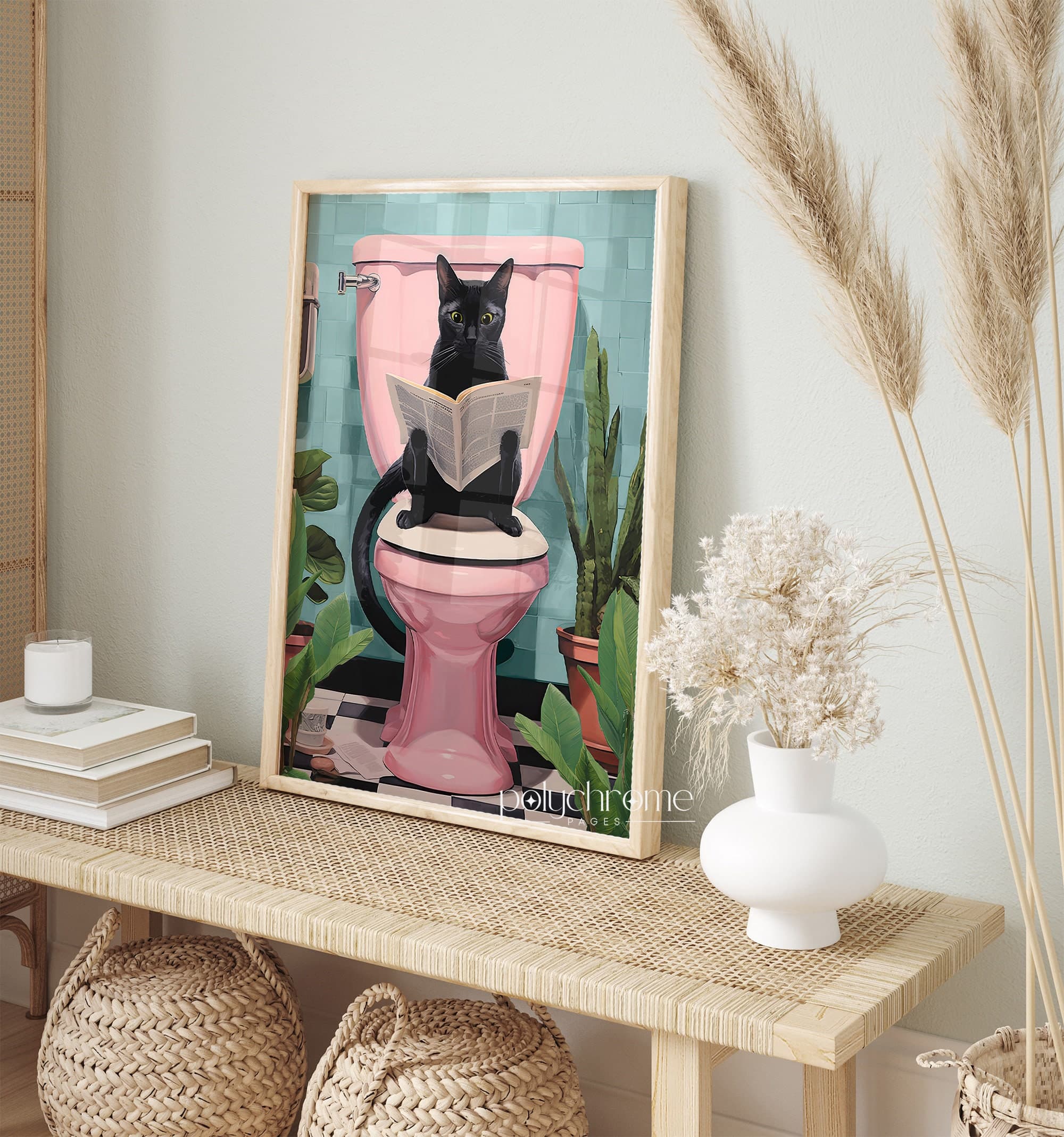 Bathroom decor art, home accent decor, bathroom wall art, gifts for cat lovers,
picture of drawn cat, funny bathroom art, bathroom artwork, cat poster, eclectic style decor, black cat art, cat using toilet,
cat reading