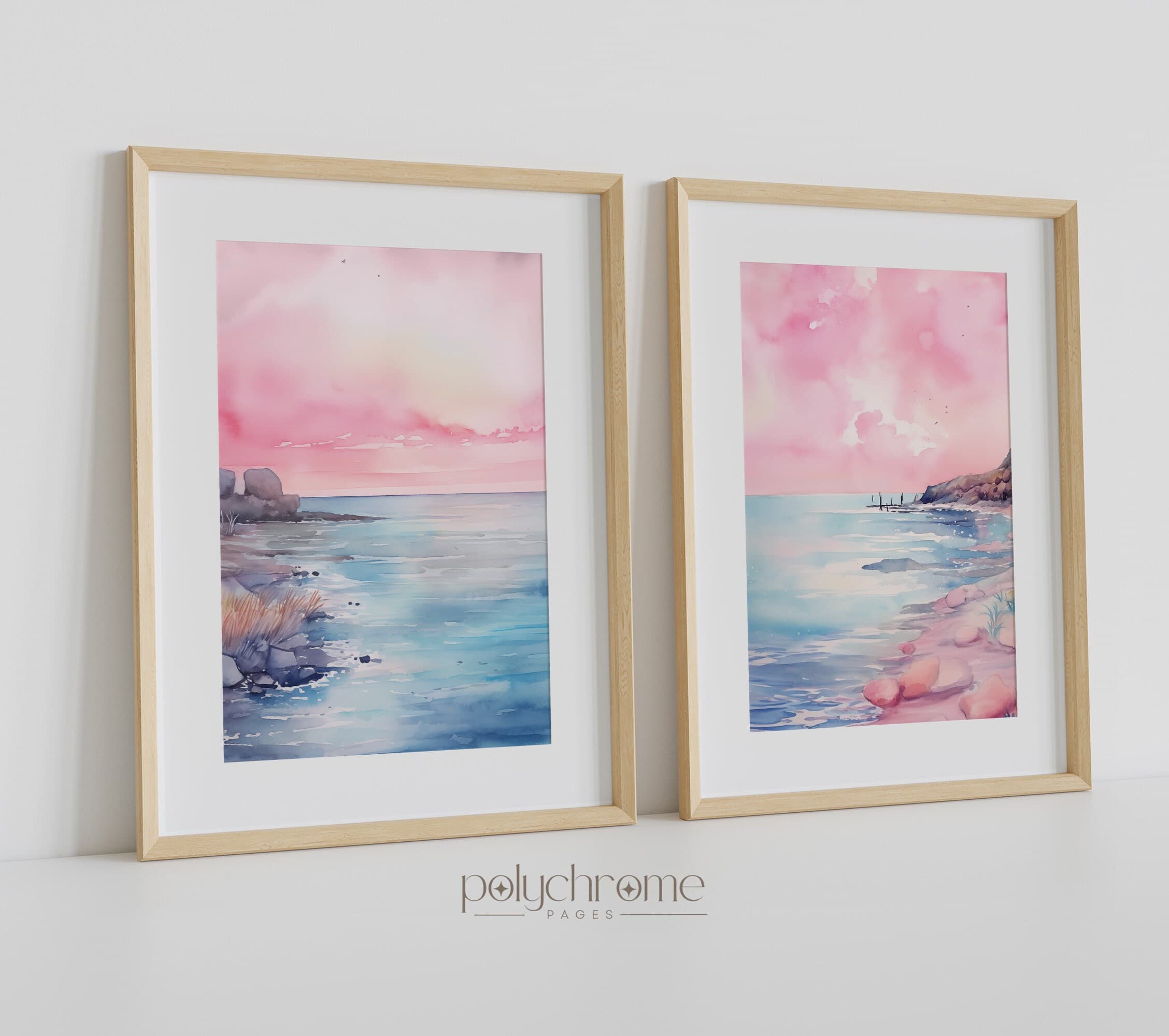 Beach Landscape Paintings, Pink and Blue Coastal Ocean Painting Set of Sea Landscapes Wall Art | Paper prints 5x7 - 24x36 in - image 5