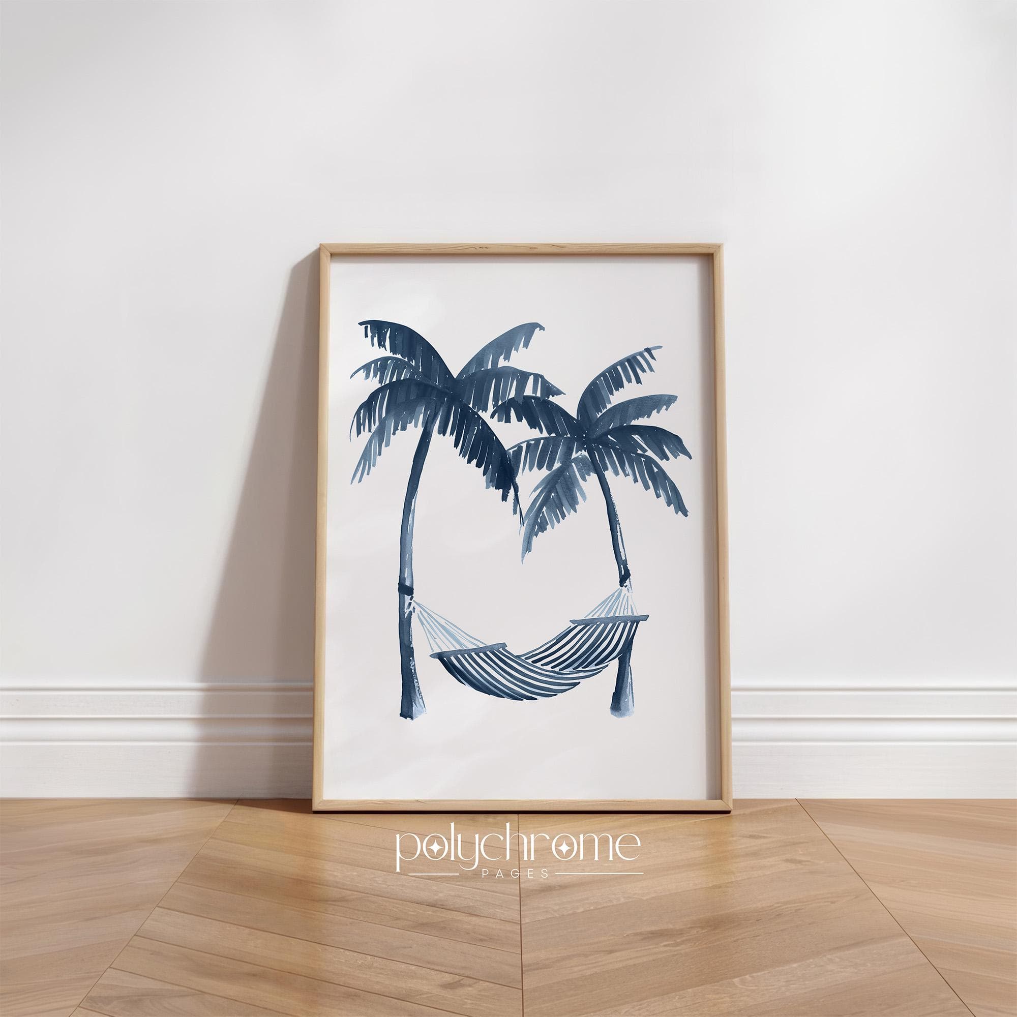 Striped Hammock and Palm Trees in Navy Blue, Vacation Style Bedroom Decor, Coastal Summer Dorm Room Art | Prints 5x7 - 24x36 in