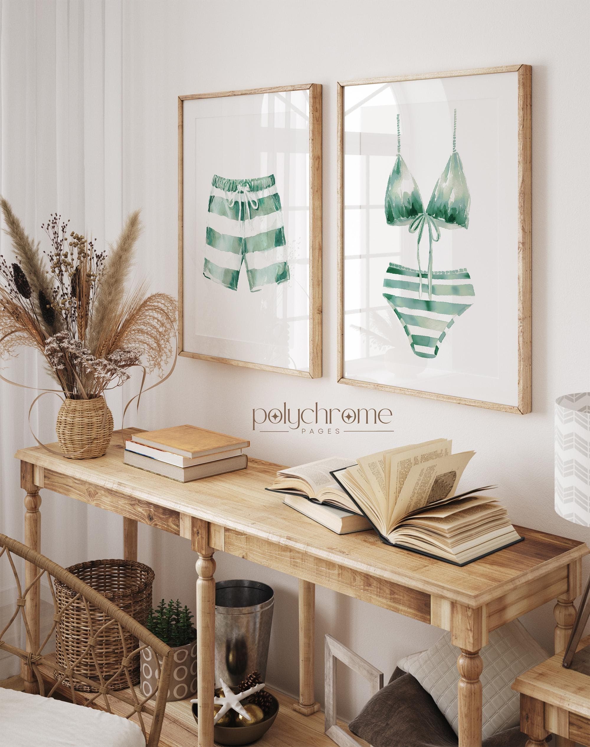 Green Striped Bathing Suits, Vintage Sage Bikini and Shorts for Laundry Room, Swim Art for Lake House | Paper Prints