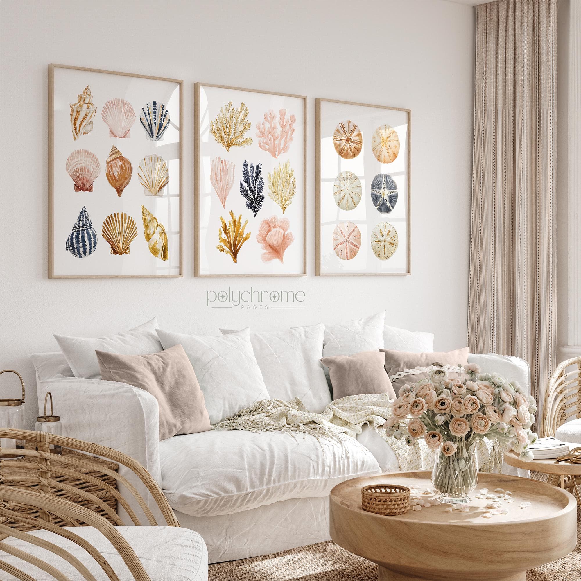 Seashells, Seaweed and Urchins in Beige, Brown, Pink and Yellow, Pastel Collection for Vacation Home, Coastal Laundry Room Art | Paper Print