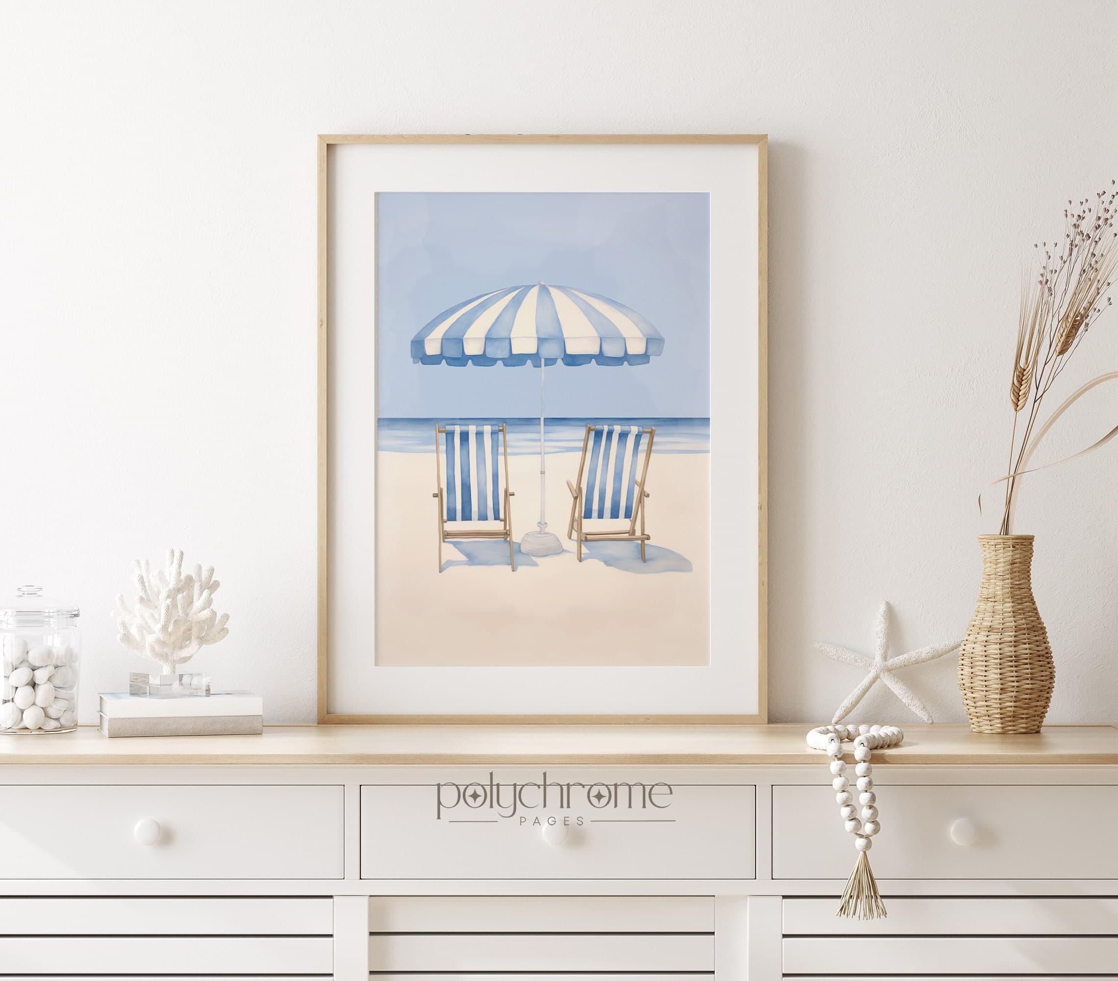 Beach Umbrella and Chairs Picture, Beach House Decor Seascape Painting, Ocean Blue Summer Coastal Decor | Paper print size 5x7 - 24x36 in