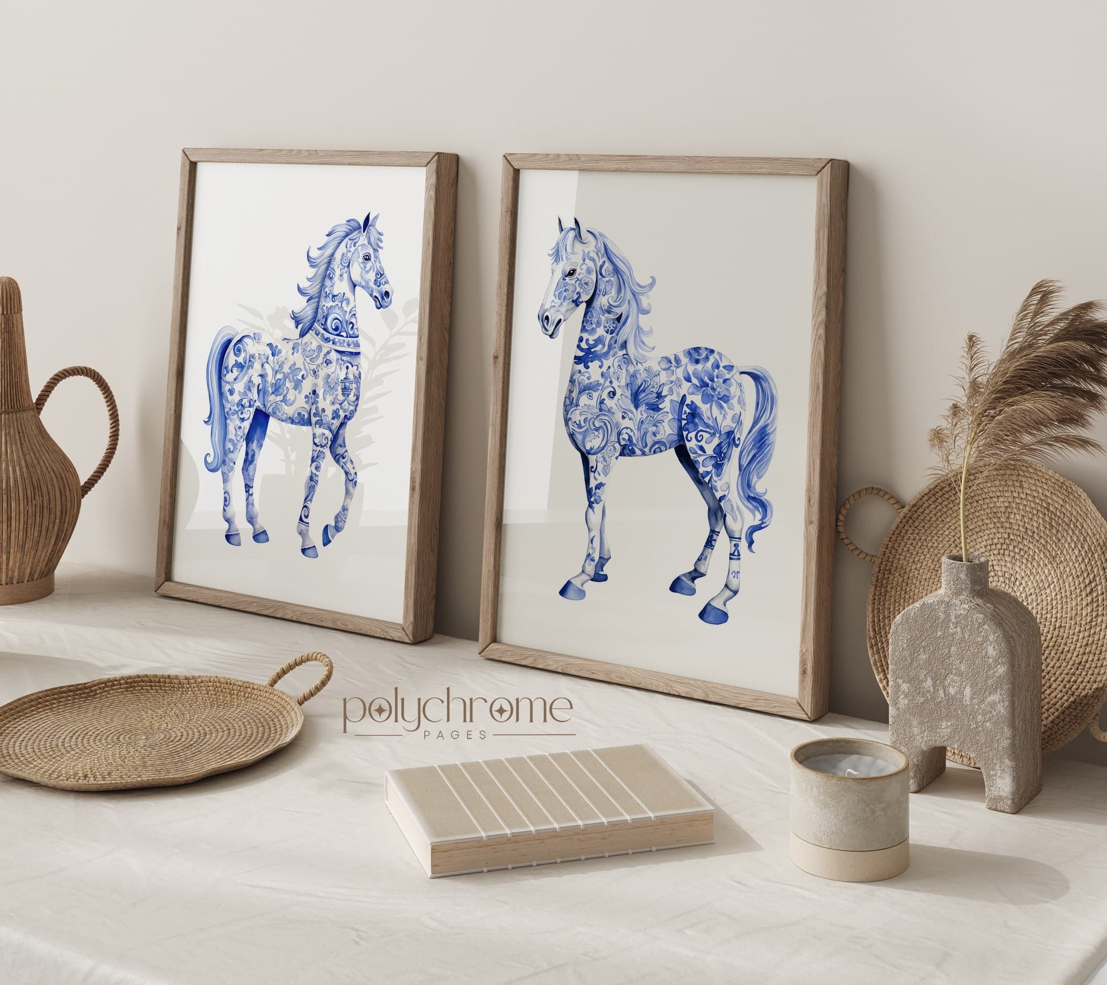 Equestrian Horse Chinoiserie Figurine, Hamptons Style Grandmillennial Blue and White China Wall Art | Paper prints 5x7 - 24x36 in
