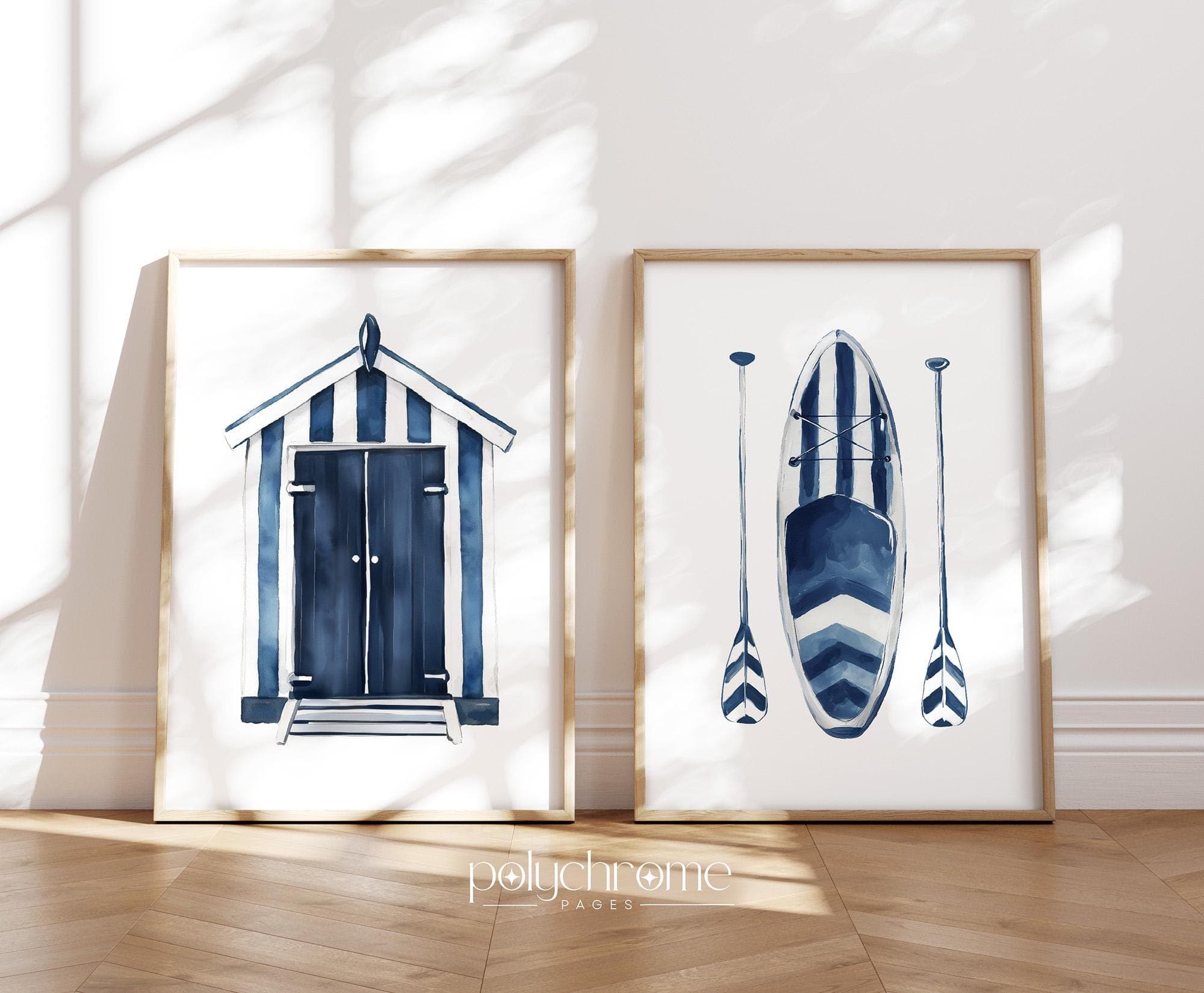Beach Hut and SUP Paddle with Oars in Navy Blue and White, Lake House Summer Holiday Rental Art - Coastal Bathroom Decor | Paper Prints - image 2
