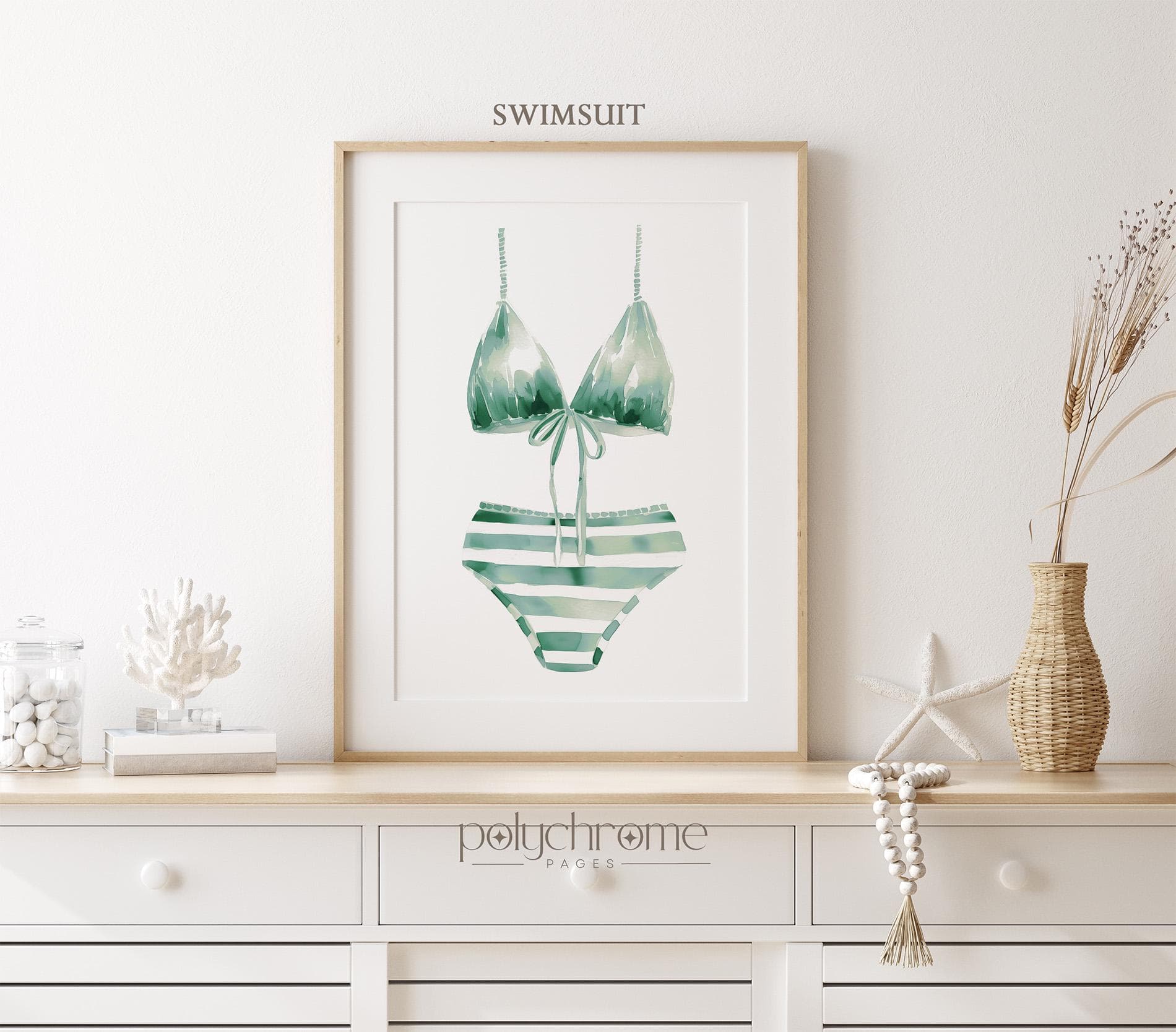 Green Striped Bathing Suits, Vintage Sage Bikini and Shorts for Laundry Room, Swim Art for Lake House | Paper Prints - image 5