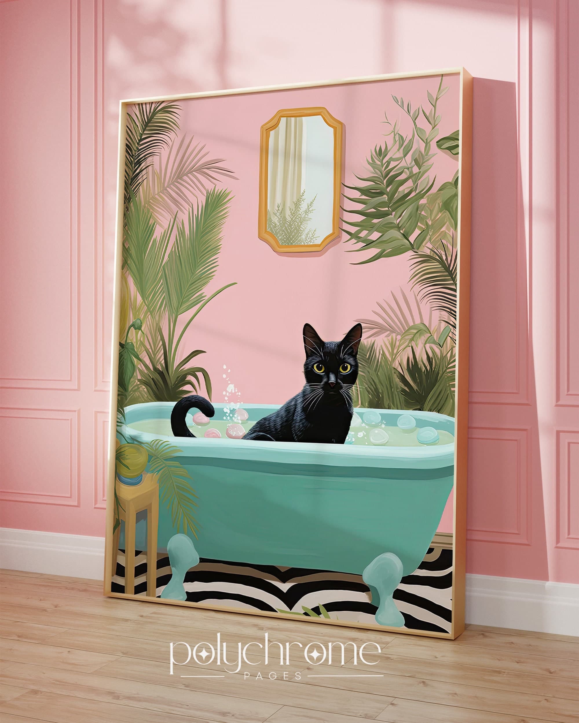 Black Cat in Bathtub Bathroom Decor Art, Funny Cat Painting, Maximalist Decor Gifts for Cat Lovers | Paper print sizes 5x7 - 24x36in