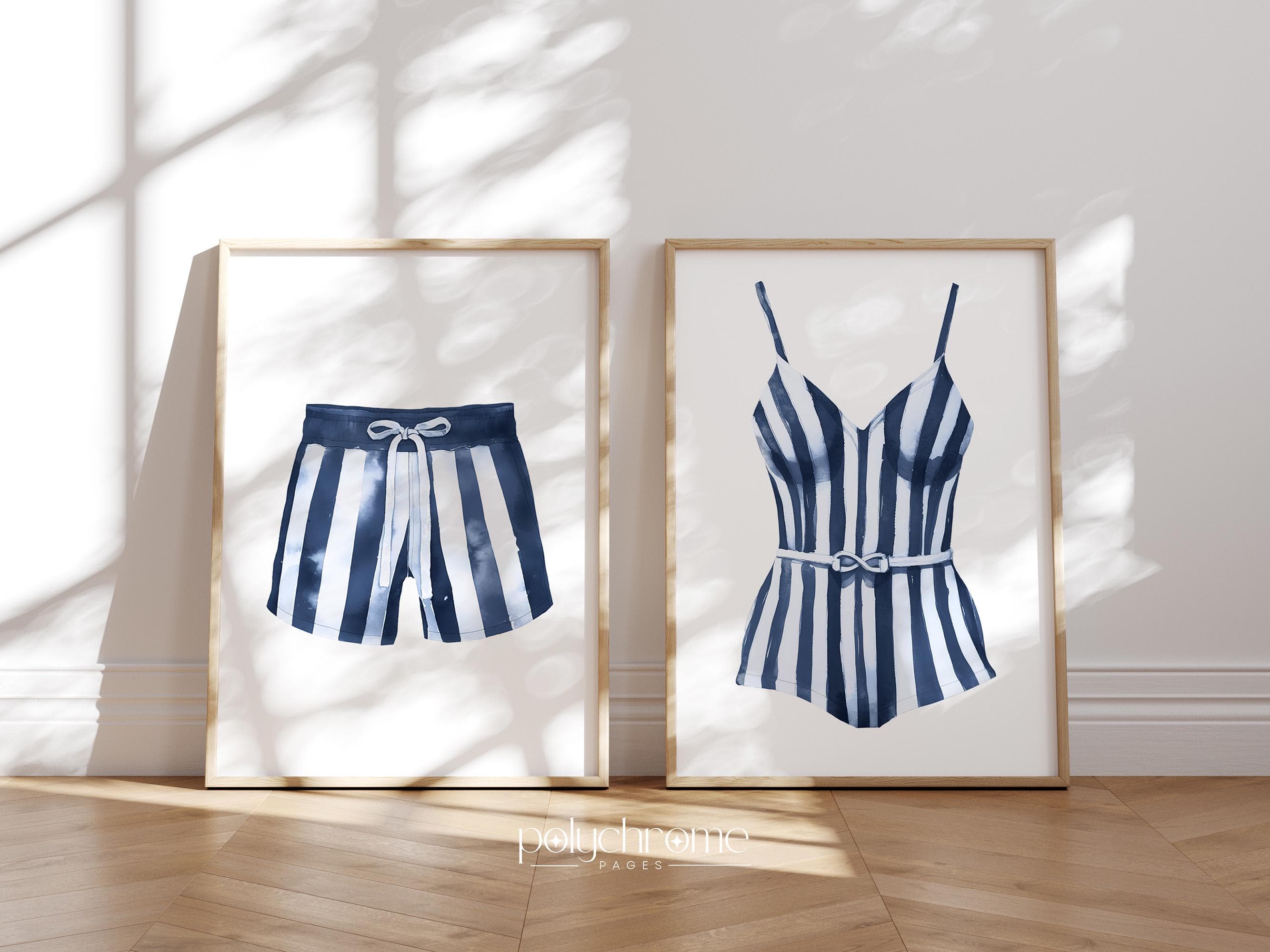 Striped Blue and White Painted Swimsuits Lake House Art, Hale Navy Wall Art, Laundry Room Decor | Paper Print Wall Art sizes 5x7 - 24x36 in - image 5