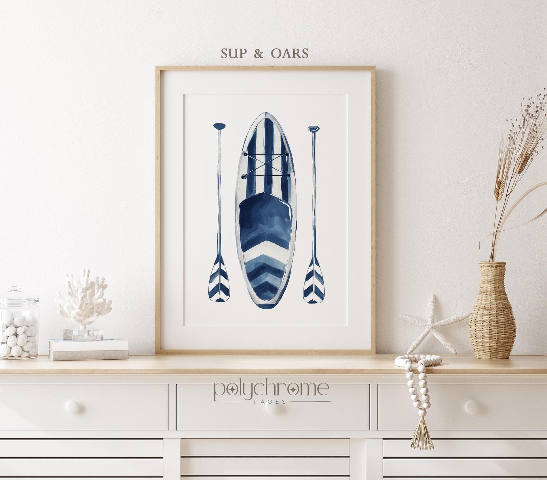 Beach Hut and SUP Paddle with Oars in Navy Blue and White, Lake House Summer Holiday Rental Art - Coastal Bathroom Decor | Paper Prints - image 5