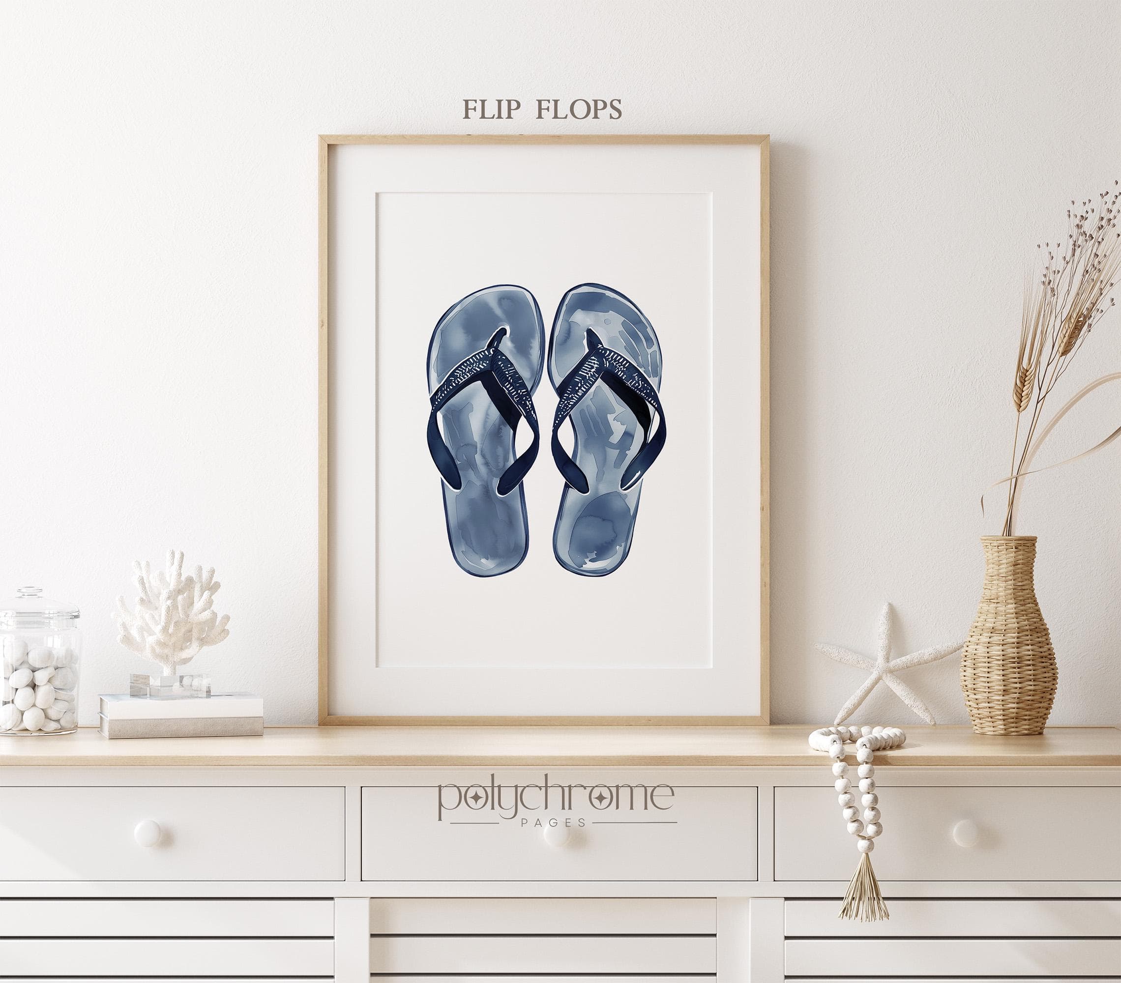 Flip flops, sunglasses, tote beach bag and sun hat, beach vacation home art. Navy blue pool bathroom decor idea | Paper prints 5x7 - 24x36in - image 3